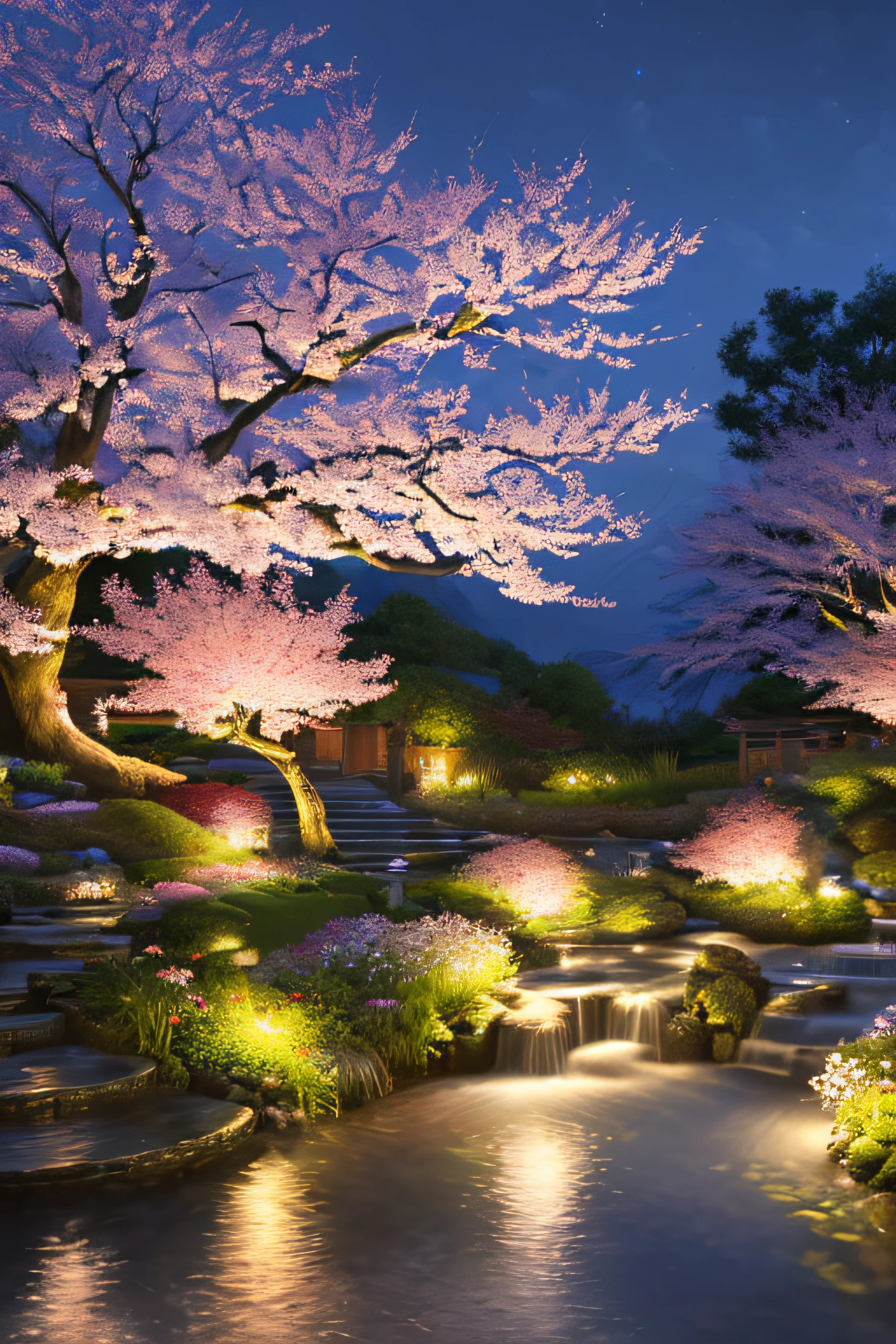 (detailed,(realistic:1.3),sharp details:1.3),(masterpiece:1.3),the most beautiful garden,flowing creak,birds flying around,sakura,epic realism,color explosion,peaceful,tranquility,(night),ultimate beauty,emotional,deep darkness,