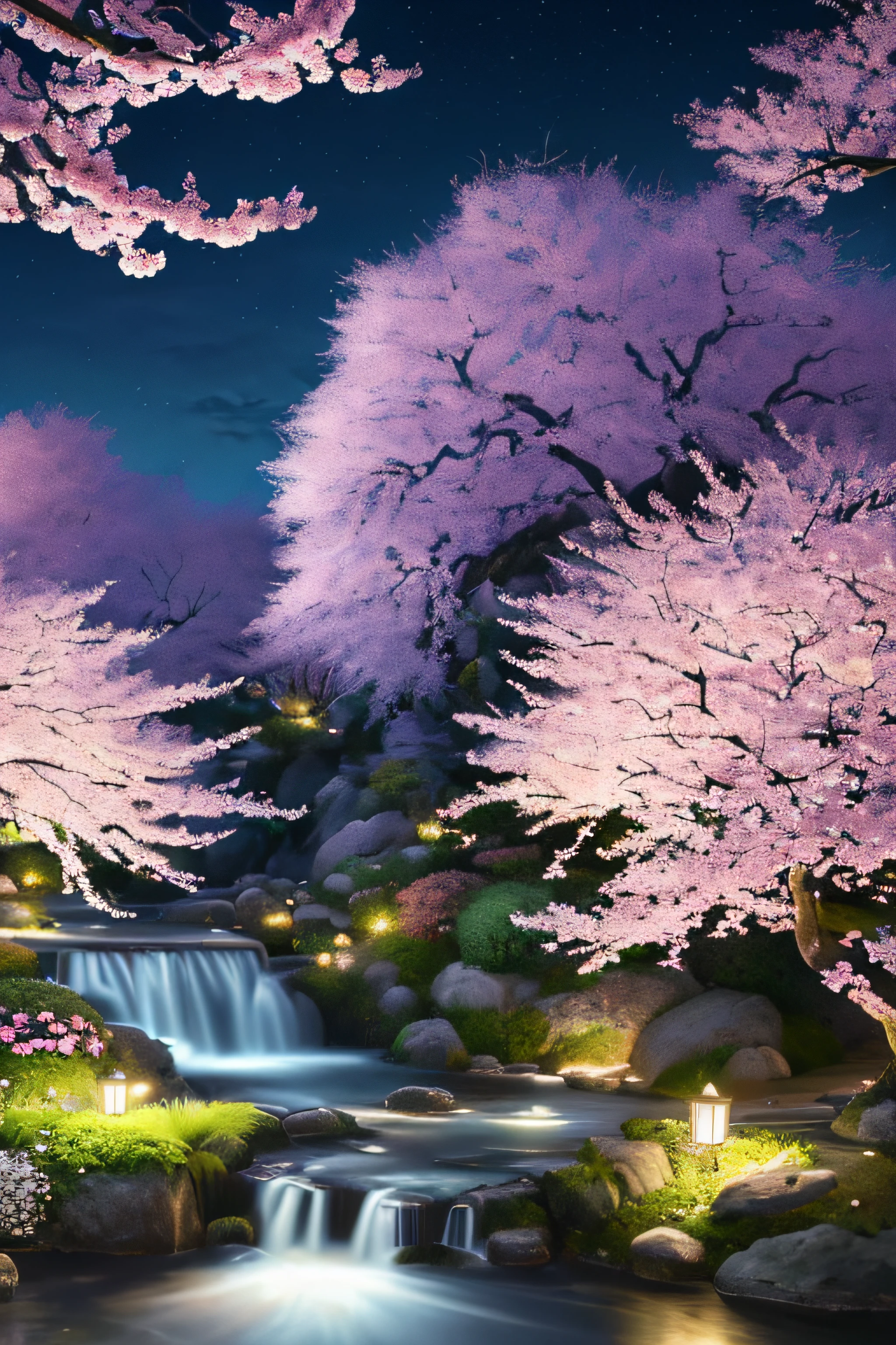 (detailed,(realistic:1.3),sharp details:1.3),(masterpiece:1.3),the most beautiful garden,flowing creak,birds flying around,sakura,epic realism,color explosion,peaceful,tranquility,(night),ultimate beauty,emotional,deep darkness,