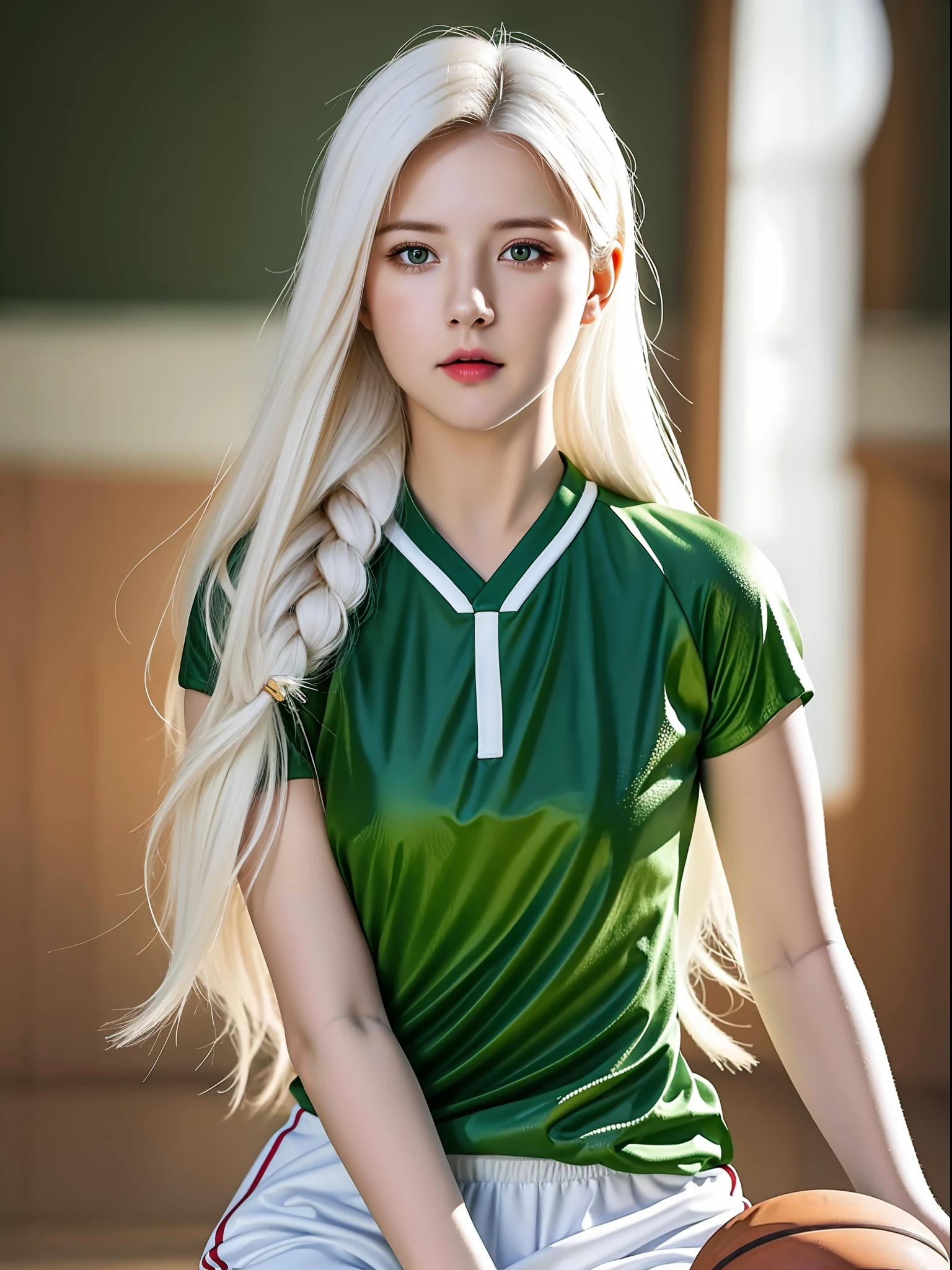 (hyperrealistic), (illustration), (high resolution), (8K), (extremely detailed), (best illustration), (beautiful detailed eyes), (best quality), (ultra-detailed), (masterpiece), (wallpaper), (photorealistic), (natural light), (rim lighting), (detailed face), high detailed realistic skin texture, anatomically correct, solo, 1 girl, (high detailed realistic long hair), (white hair:1.35), (two braided hair), heterochromic eyes, (detailed green eyes), small moles under the eyes, (realistic big breasts:1.2), exposed breasts, long legs, tight abs, dynamic pose, (closed mouth:1.35), (sexy basketball suit:1.2), (upon body from head to thighs:1.3),