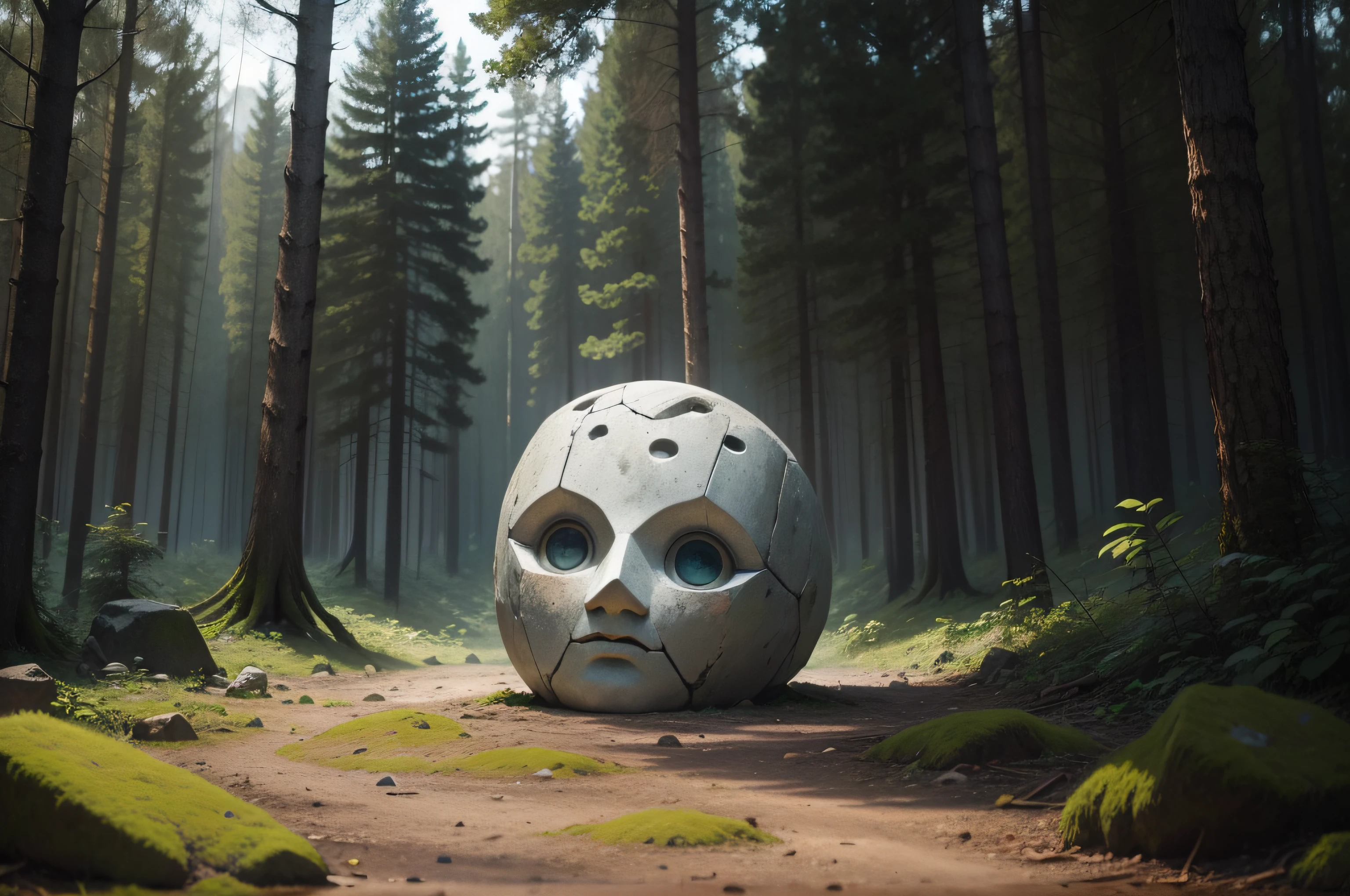 a stone face floating above the ground in the middle of a clearing in a forest