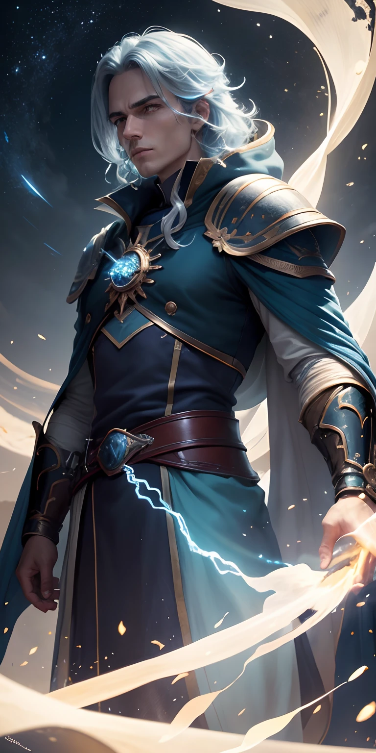 ((8K maximum resolution)), Stunning illustration of an ethereal hero of light that changes appearance depending on the constellation to which it is linked. Ethereal hero that shines with a deep and radiant blue hue. (He wears a long, flowing robe made of light that flows like a stellar river.: 1.7). Su rostro sereno tiene ojos brillantes, ser que controla la gravedad campo de fuerza, fondo luna plateada, destellos de estelares