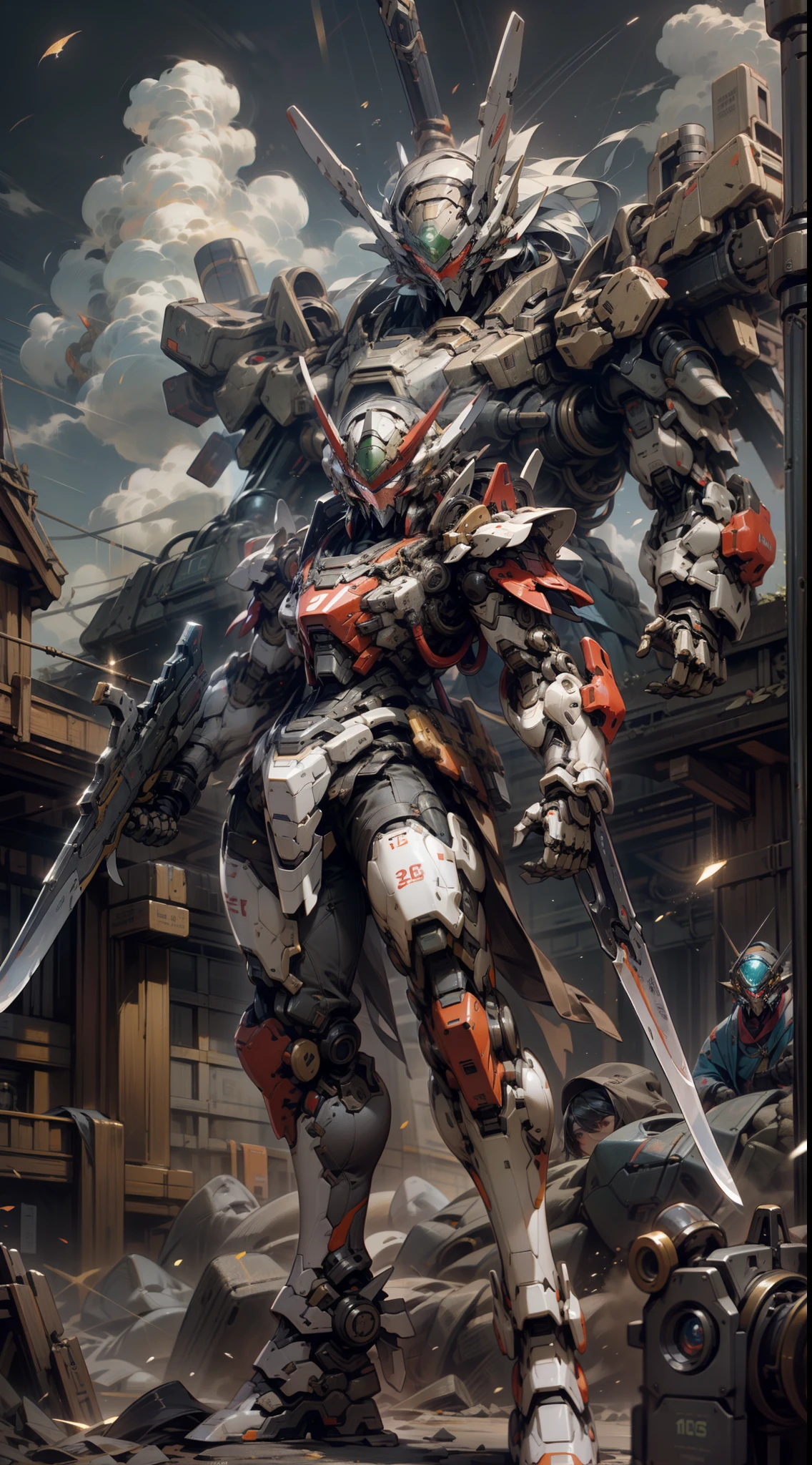 ((best qualityer)), ((Masterpiece)), (The is very detailed: 1.3), 8K,solo person,Guan yu,Green Dragon Moon Knife,Cool painting,It's sci-fi,A blue mech looking sideways at the sky,blue colors,Gold-plated blue,Armed with a sword,Swords scattered,Streamlined blue armor,There are complex weapons and equipment behind it,Gundam humanoid mech,anime mecha aesthetic,Perfect body proportions,Heads-up view,stand posture,Military giant mech,missile,Rochas,future-tech,hentail realism,with dark clouds in the sky,Dark black war background,Ray traching,light particules,NVIDIA Trtx, Hyper-Resolution,Unreal 5,sub surface scattering,Specular and albedo maps,trichotomy,largeaperture,Fighting posture, 8K raw data,High efficiency sub-pixel,sub-pixel convolution,Light particles,Light scattering,Tyndall effect,Ray traching.