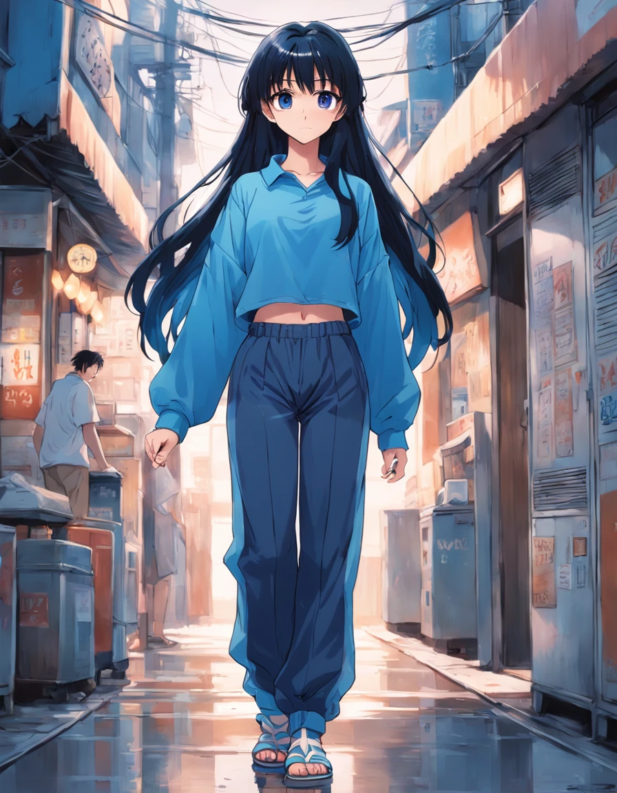 (1girl 1:1) anime girl, tall (black hair) with long straight hair, middle parting(no bangs) blue tight cropped shirt, ((90s anime style)), 1990s art style, puppy eyes, doing standing pose looking straight at the viewer, slightly smiling, full body wearing blue sandals and blue long sweat pants