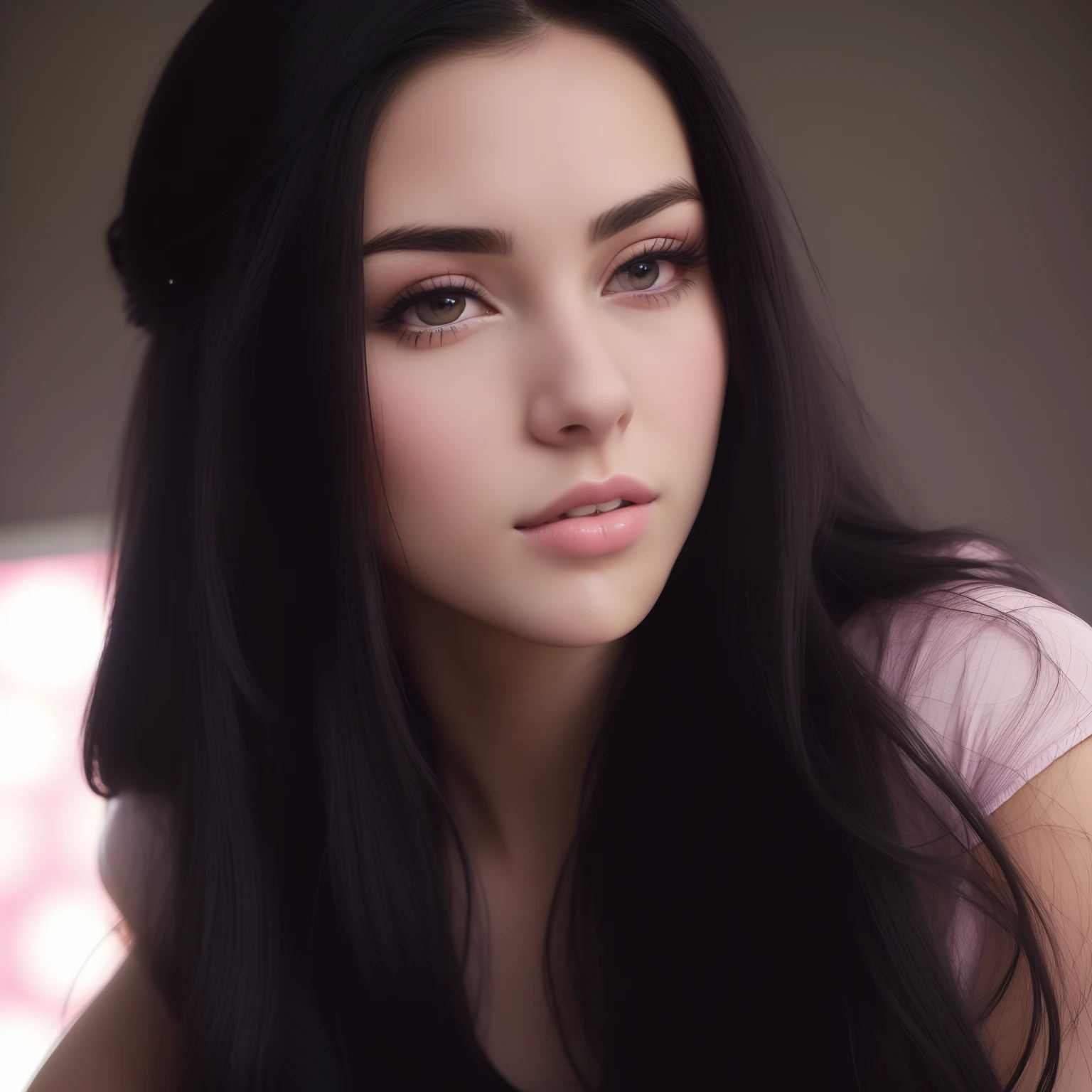 arafed woman with long black hair and a pink top, photo of a beautiful woman, young woman with long dark hair, dark hair and makeup, female with long black hair, beautiful face and flawless skin, beautiful young woman, a beautiful young woman, woman with black hair, portrait of a beautiful model, soft portrait shot 8 k, girl with dark brown hair