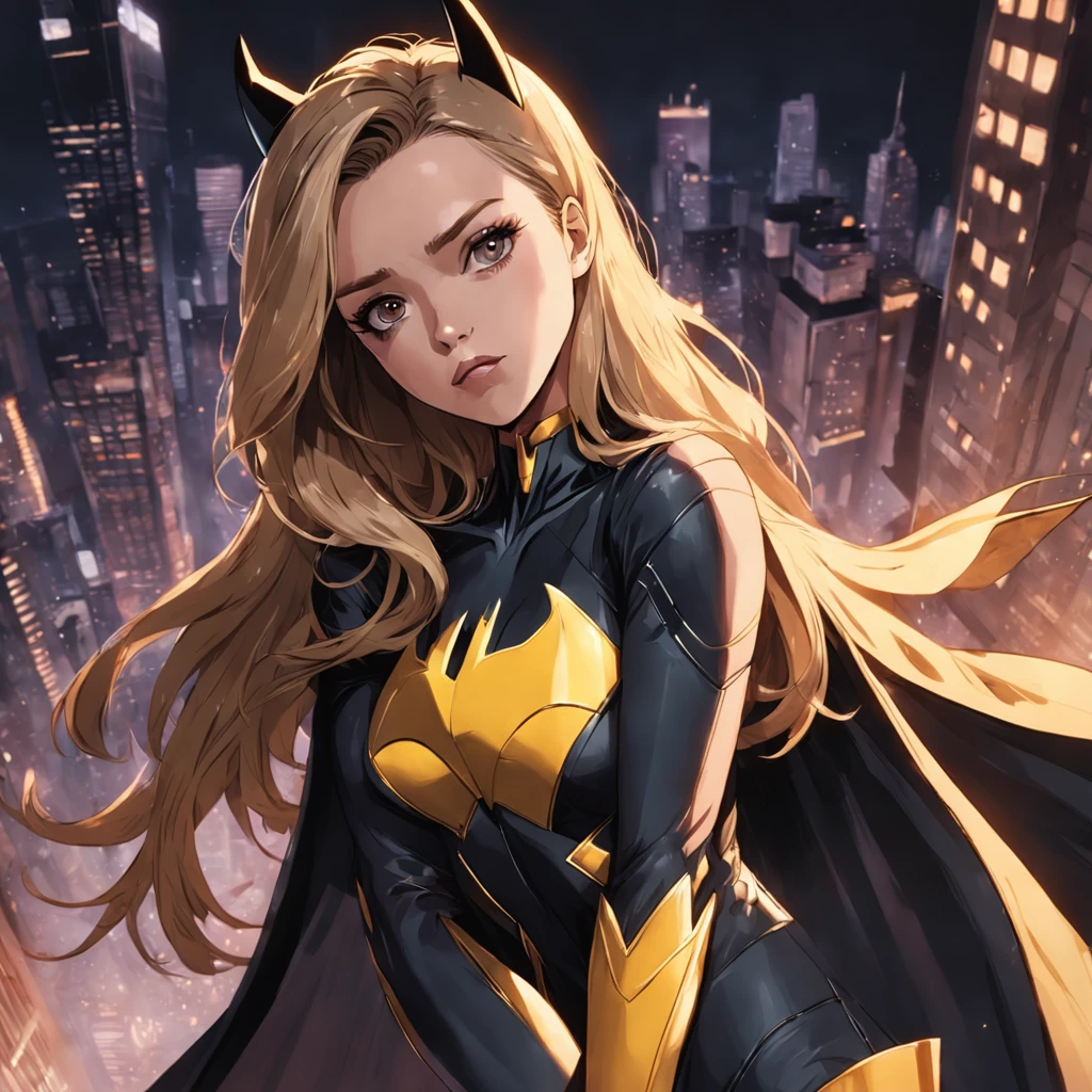 A captivating analog style raw portrait of a model (Jessica Alba or Amber Heard) as Batgirl, wearing an elegant and stylish Calvin Klein designed costume made of flimsy nylon. Batgirl or batwoman