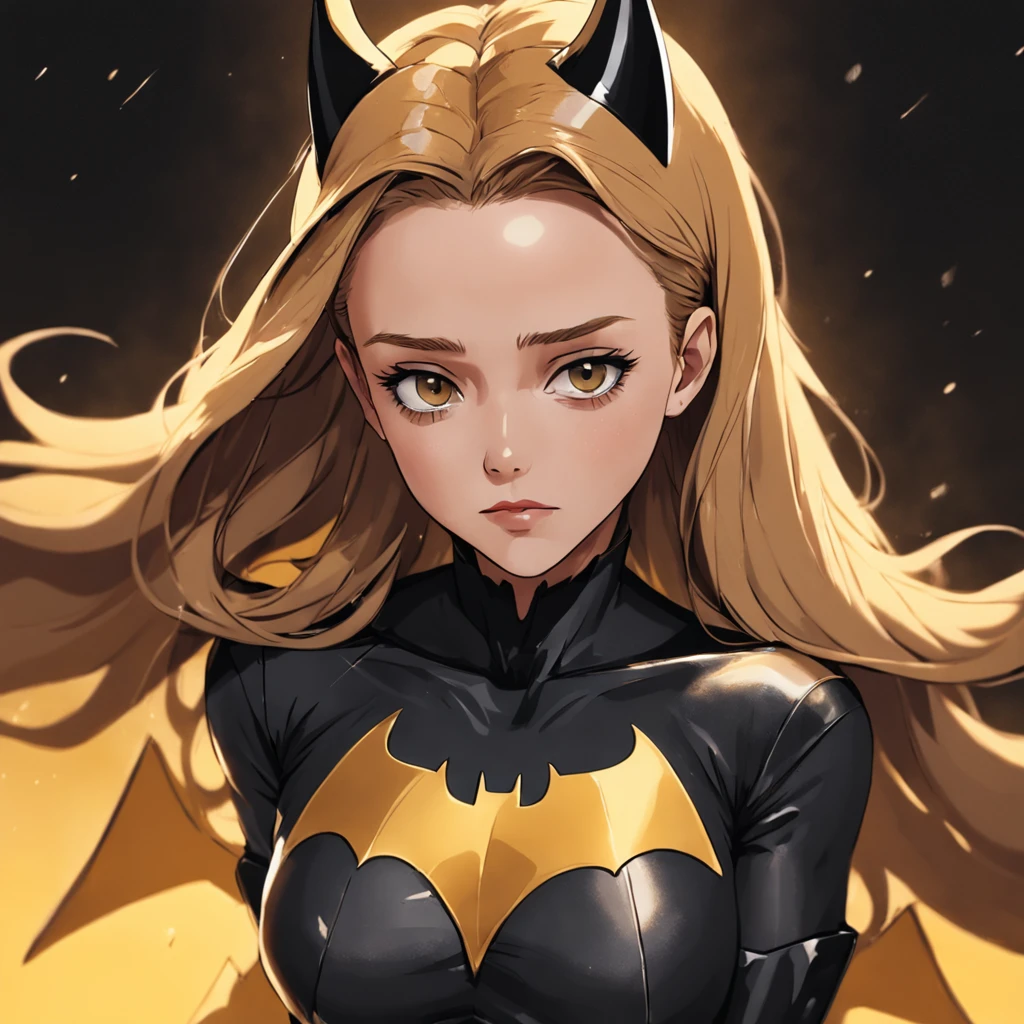 A captivating analog style raw portrait of a model (Jessica Alba or Amber Heard) as Batgirl, wearing an elegant and stylish Calvin Klein designed costume made of flimsy nylon. Batgirl or batwoman