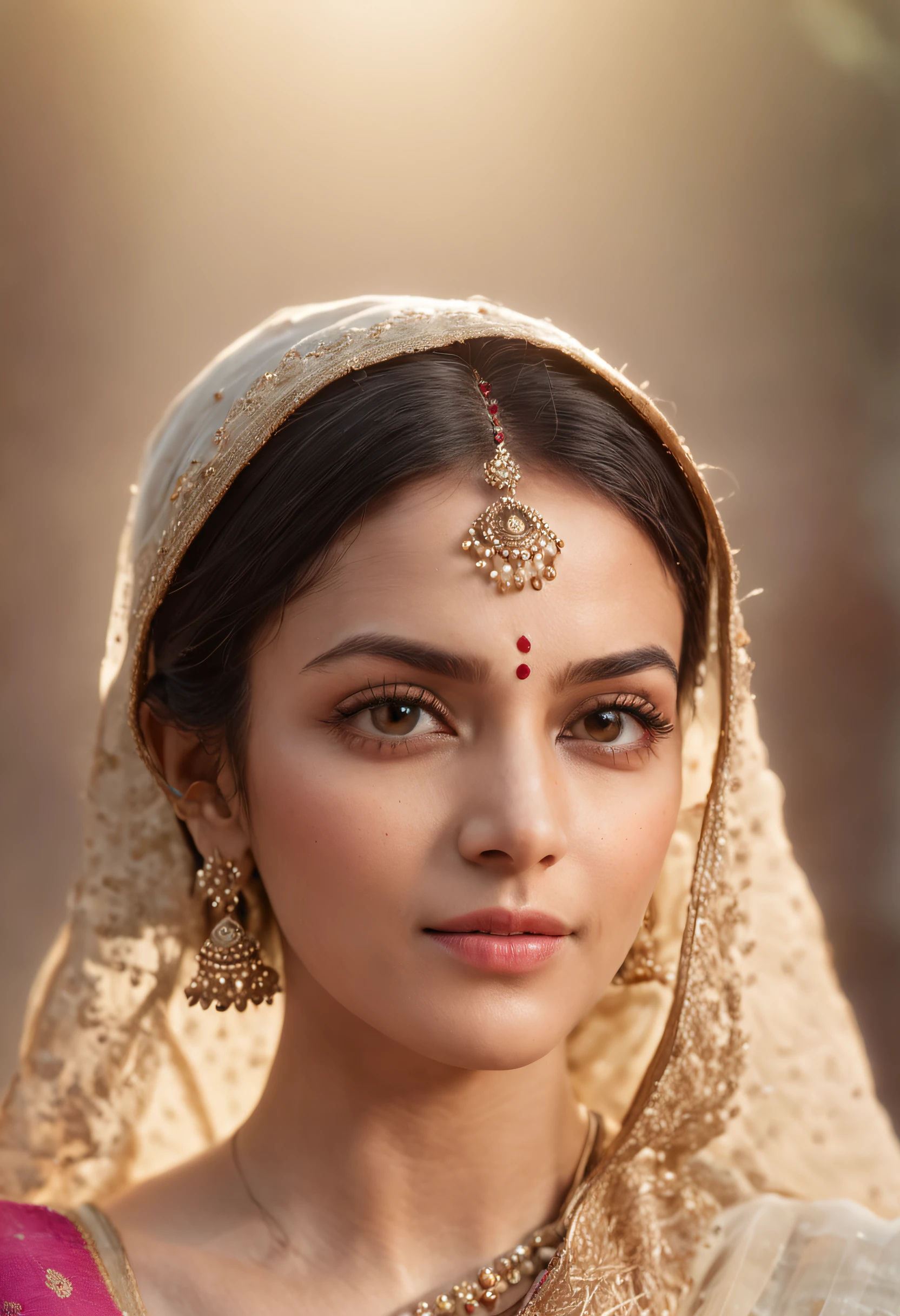 An ultra realistic portrait of a very beautiful woman in translucent saree ,hyper detail, cinematic lighting, 4k, 8k, ultra realistic, high resolution, ultra hd, super realistic, sharp, good quality, Movie like, attractive, glowing, cute, sizzling, charming, jwellery, necklace, forehead jwellery, sunlight, sparks, glossy, dust particles , 3D look, sunshine, feathers, HD, flowers,Glowing hair, fireflies,blur background, temple, crowds, butterflies, glossy eyes