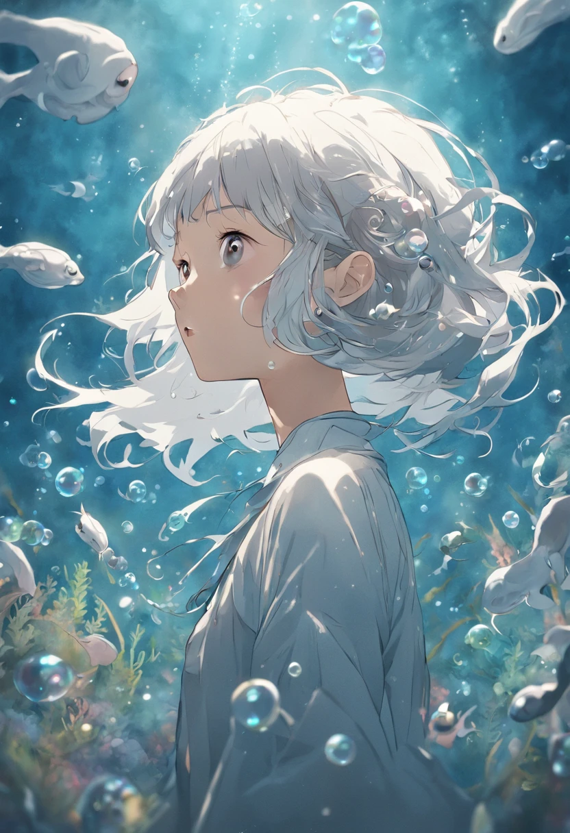 Undersea juvenile silver-haired shell house，Girl with short white hair，Flying strands of hair，Colorful bubbles，A plant，Sparkling，ocean floor，( reasonable design, Clear lines, High sharpness,Best quality, Very detailed, Masterpiece, movie light effect, 4K )