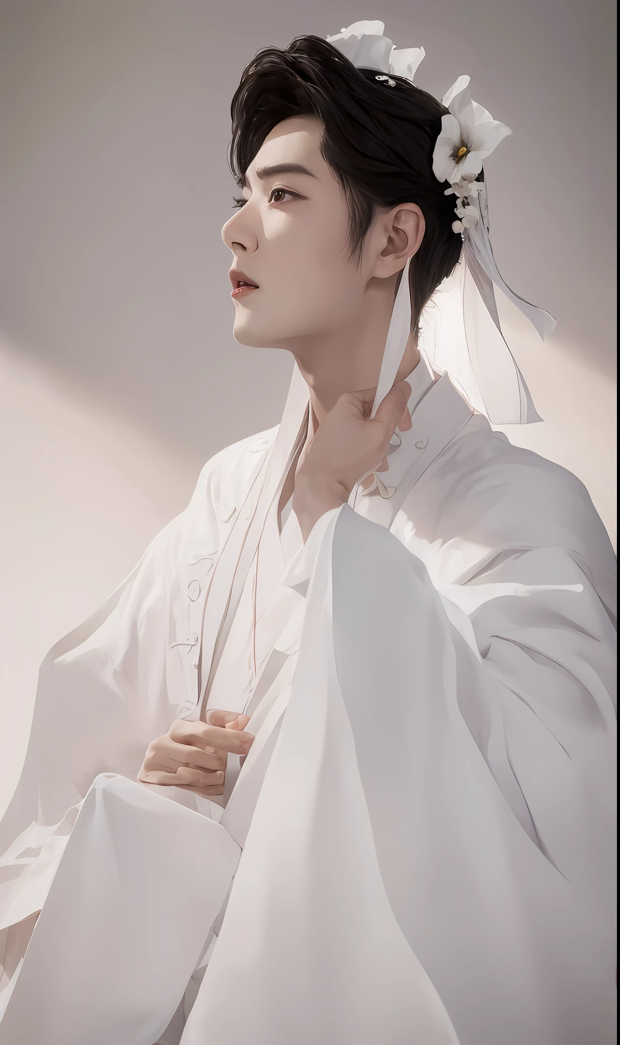 A handsome man in a white robe, Wearing pink flowers on his head, White Hanfu, Hanfu, Xiao Zhan, Big handsome guy, Invincible big handsome guy, Indescribable beauty, A boy in Hanfu, Long flowing black hair and robes, Daoism, white daoist robes, Flowing white robe, Beautiful androgynous prince, wearing long white togas, Delicate androgynous prince, Macro close-up side face, Hands should be complete, Classical temperament, Head-to-body proportions are coordinated, Xiao Zhan, Soft light and shadow