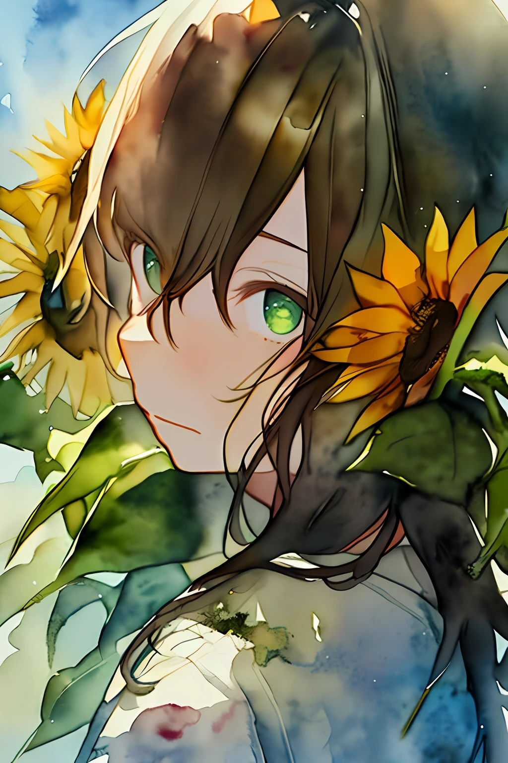 (watercolor:1.2),1girl, solo, flower, sunflower,freckles, portrait, leaf, bangs, signature, yellow flower, brown hair, long hair, green eyes, hair between eyes, flower earrings