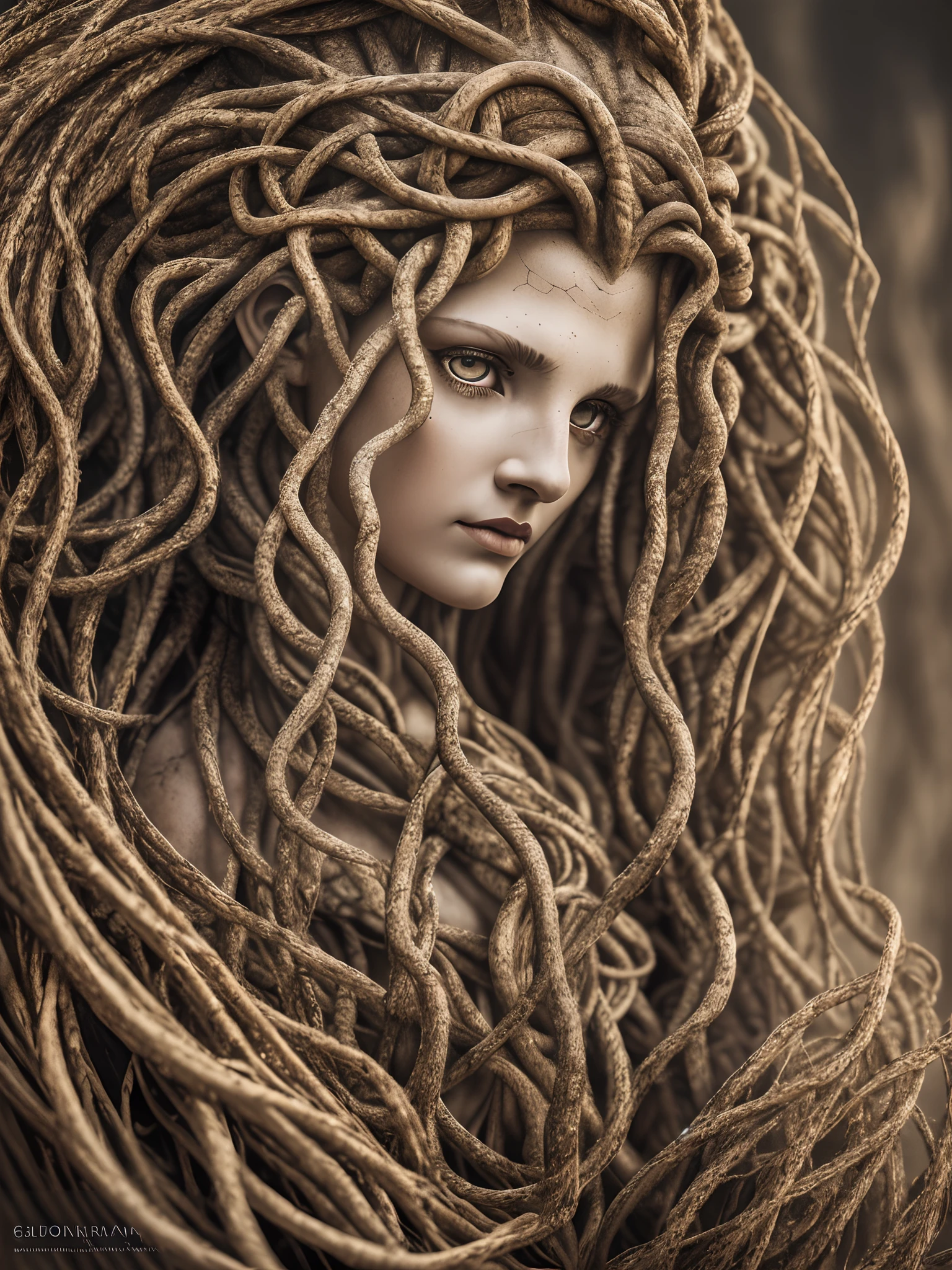 photo of Medusa gorgon, gothic art, extremely high quality RAW photograph, detailed background, intricate, Exquisite details and textures, highly detailed, ultra detailed photograph, warm lighting, 4k, sharp focus, high resolution, detailed skin, detailed eyes, 8k uhd, dslr, high quality, film grain, --auto --s2