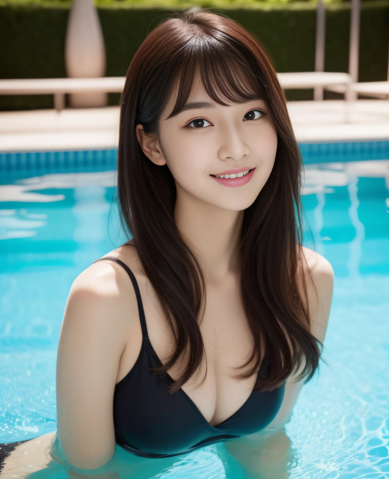 tabletop, best quality, shame, very detailed, in detail, high resolution, 8K wallpapers, Complete dynamic configuration, Beautiful attention to detail, dress,medium hair, center of chest, natural color lip, random sexy poses,laugh、big 、Japanese、100cm、Jacob、playing in the pool、Gorgeous swimwear