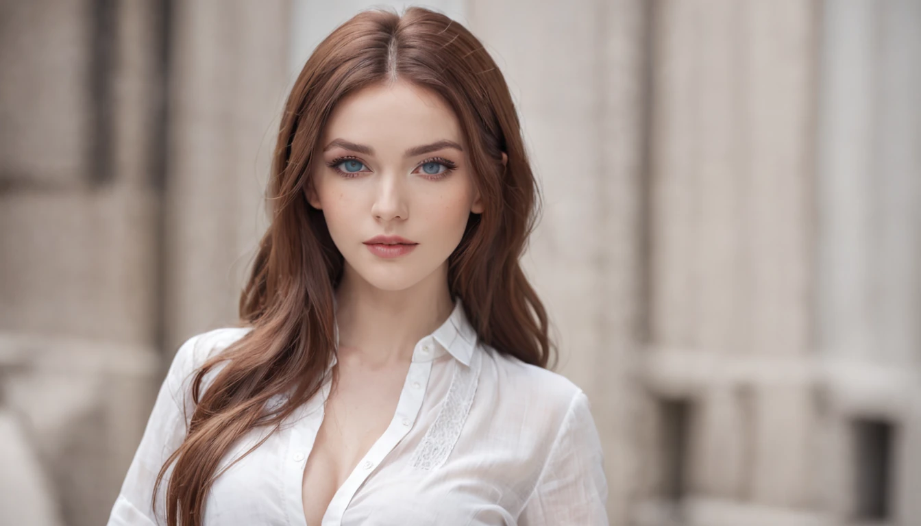 Shiny skin, perfect face, charming eyes, perfectly symmetrical face, smirk, navel piercing, blue eyes, glasses, dimples, reddish-brown hair, lips, long hair, big breasts, open white shirt, business dress, tall stature, tattoos, high heels, office landscape,  practical.full-bodied. Sweeping view