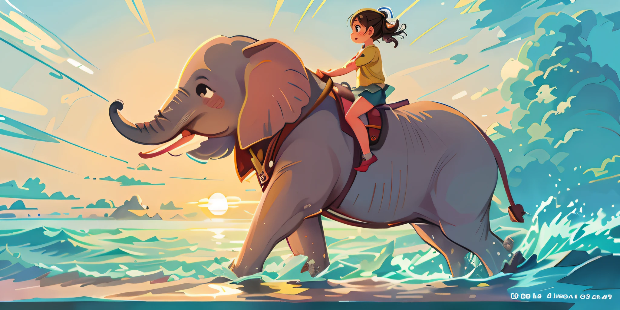An elephant,Walking in the sea,Sea water flows to the belly of the elephant,There is a cute little ??????? her back,It is interesting to see the sunrise ahead,The picture is detailed,Cinematic texture,Delicate facial features。