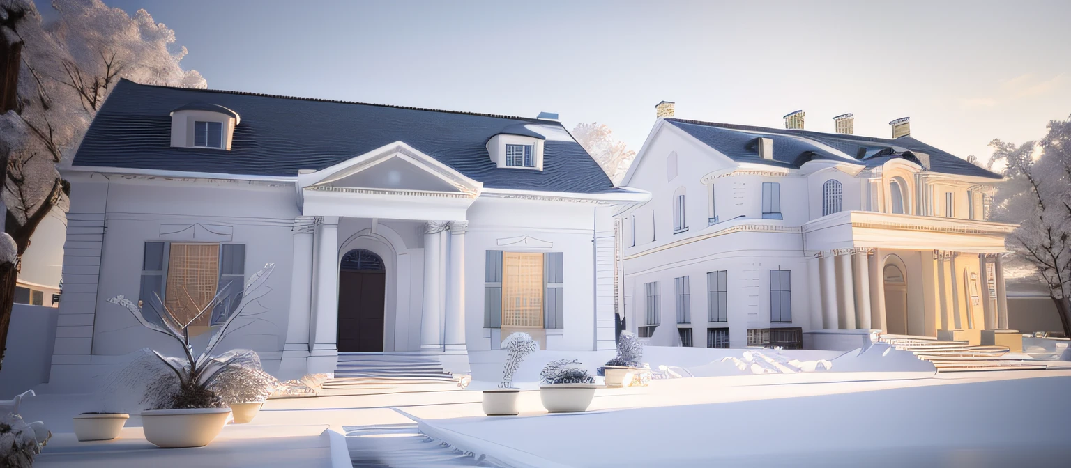 The main color of the house is white. classical architectural style. Rendered with Vray