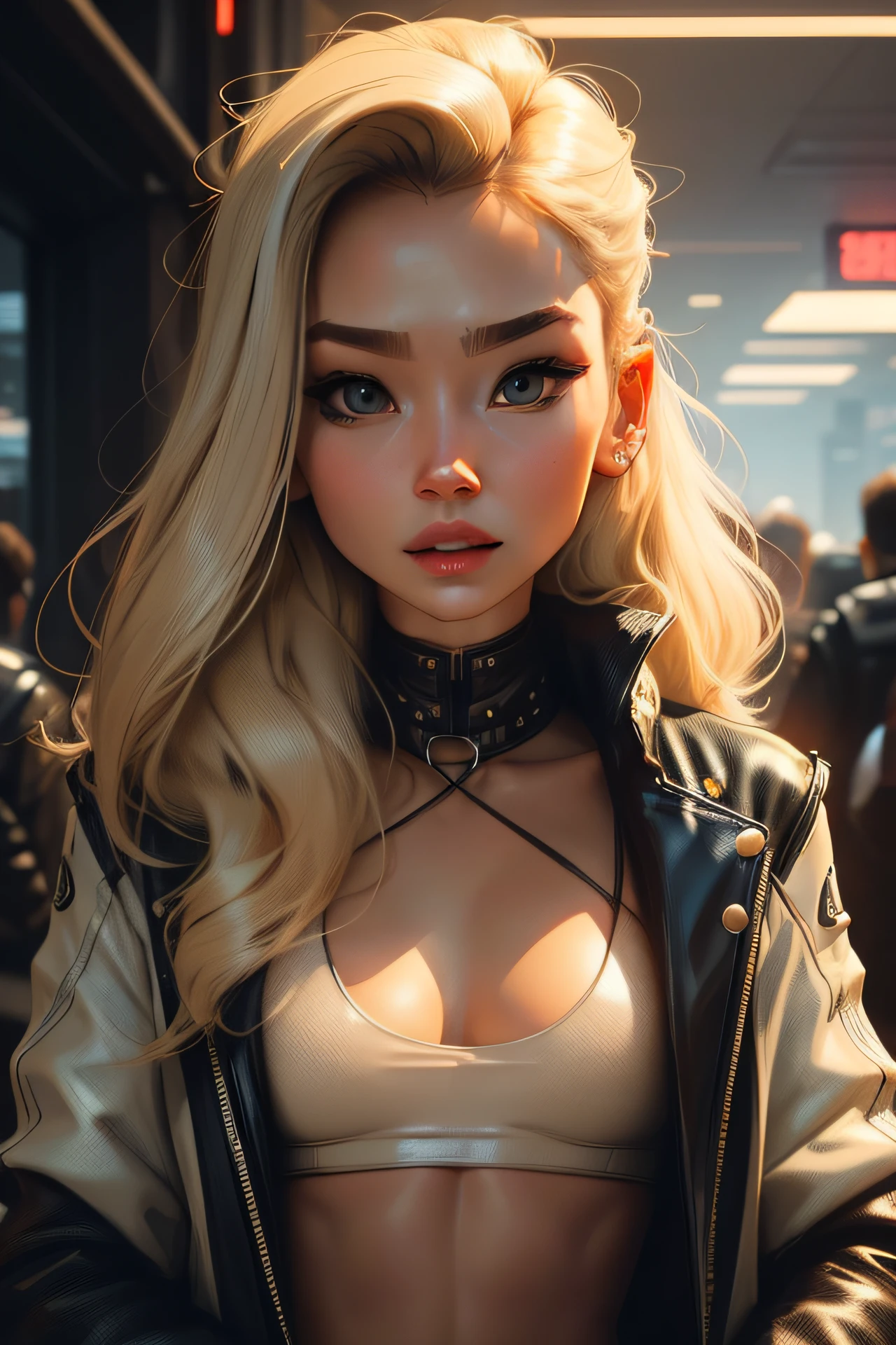 optimum,tmasterpiece,A high resolution,best qualtiy,hyper HD,super detailing,Award-Awarded,16k,独奏,(The upper part of the body),anatomy correct,Beautiful cyberpunk girl,cute face,,Gradient Beige Hair,Hairline,((Scarlet eyes)),long eyelasher,Hanging eye corners,White skin of the,(small boobs),(Slim body),((Women's extra short shawl leather jacket)),((racing_suit)),ear studs,(neck rings),(Laser material clothing:1.2)
