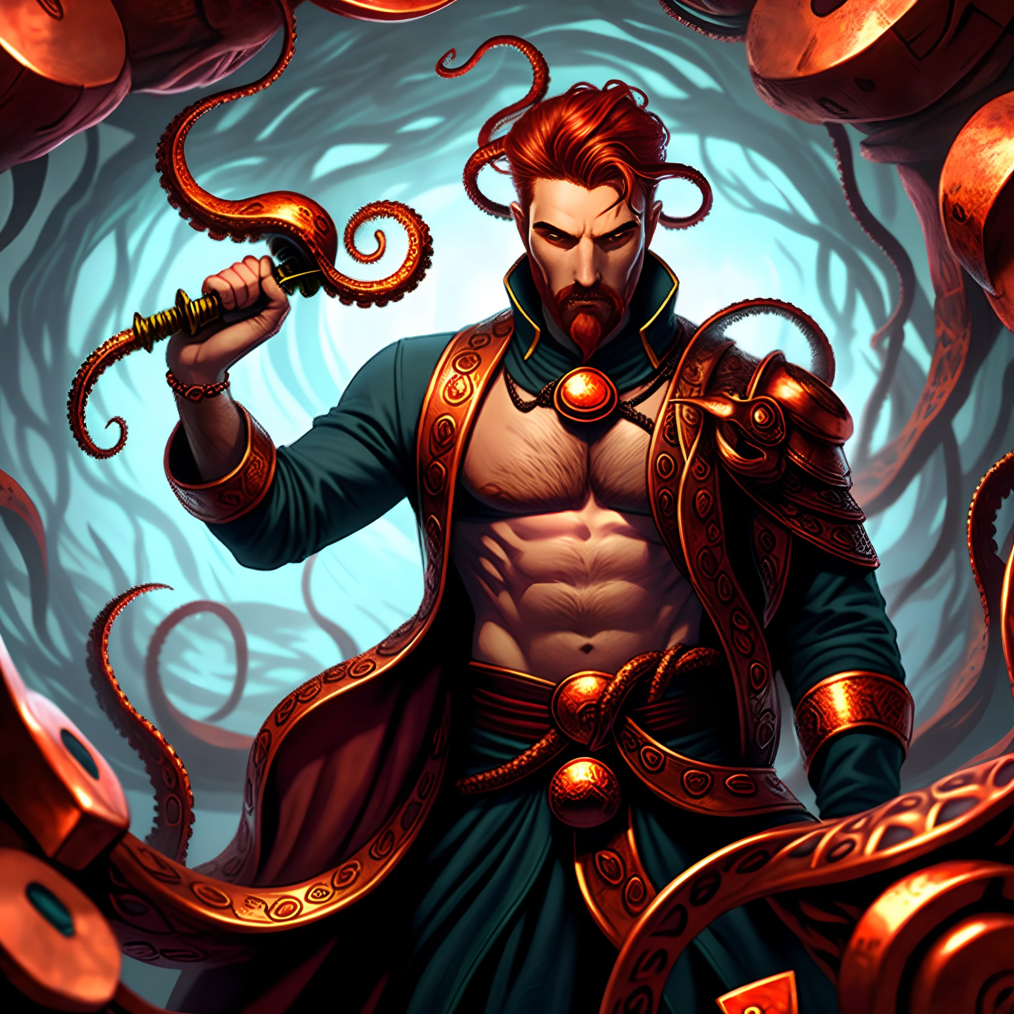 A man with a dice head，Several tentacles grew from the inside of the chest，The man holds a sword in his hand，Tentacle holding a copper money sword