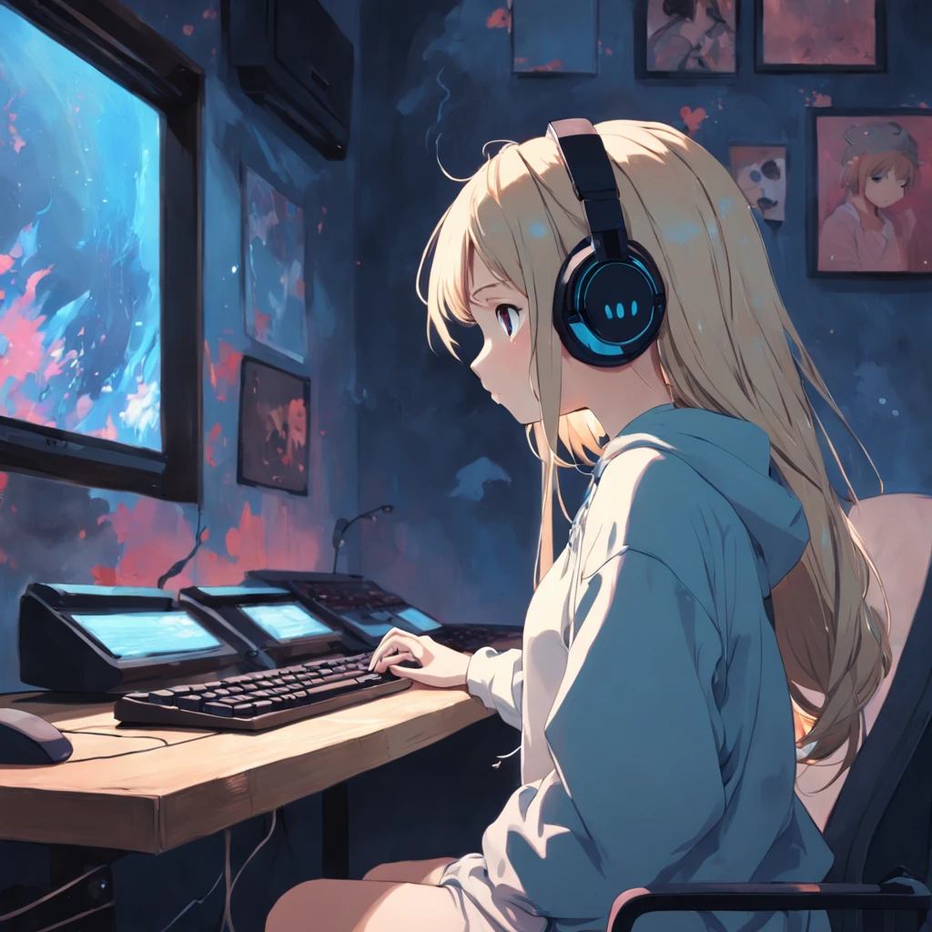 sad lofi girl looking at the window having a headphones on shes head and playing with the mouse of the pc. background wall have a peaceful painting