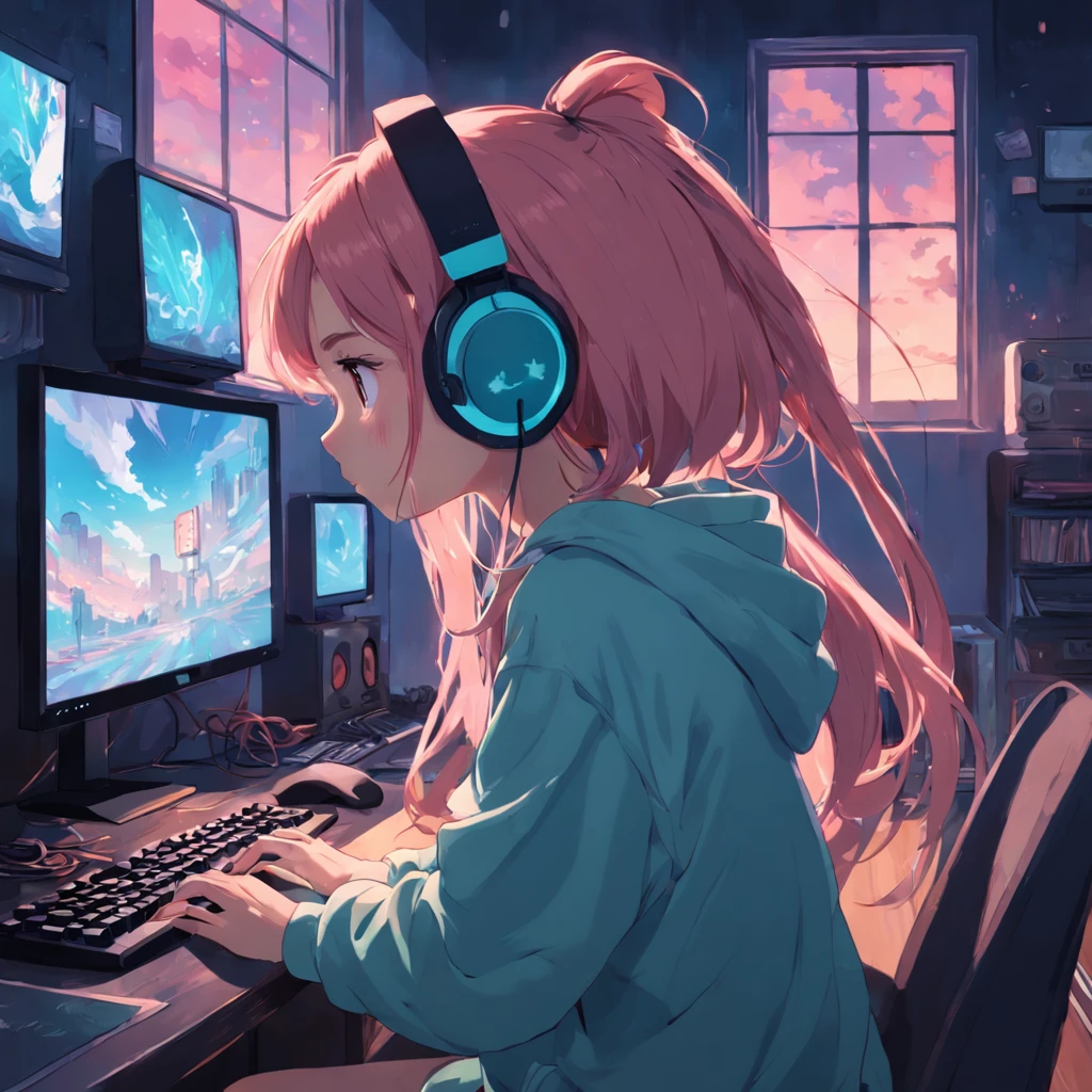 sad lofi girl looking at the window having a headphones on shes head and playing with the mouse of the pc. background wall have a peaceful painting