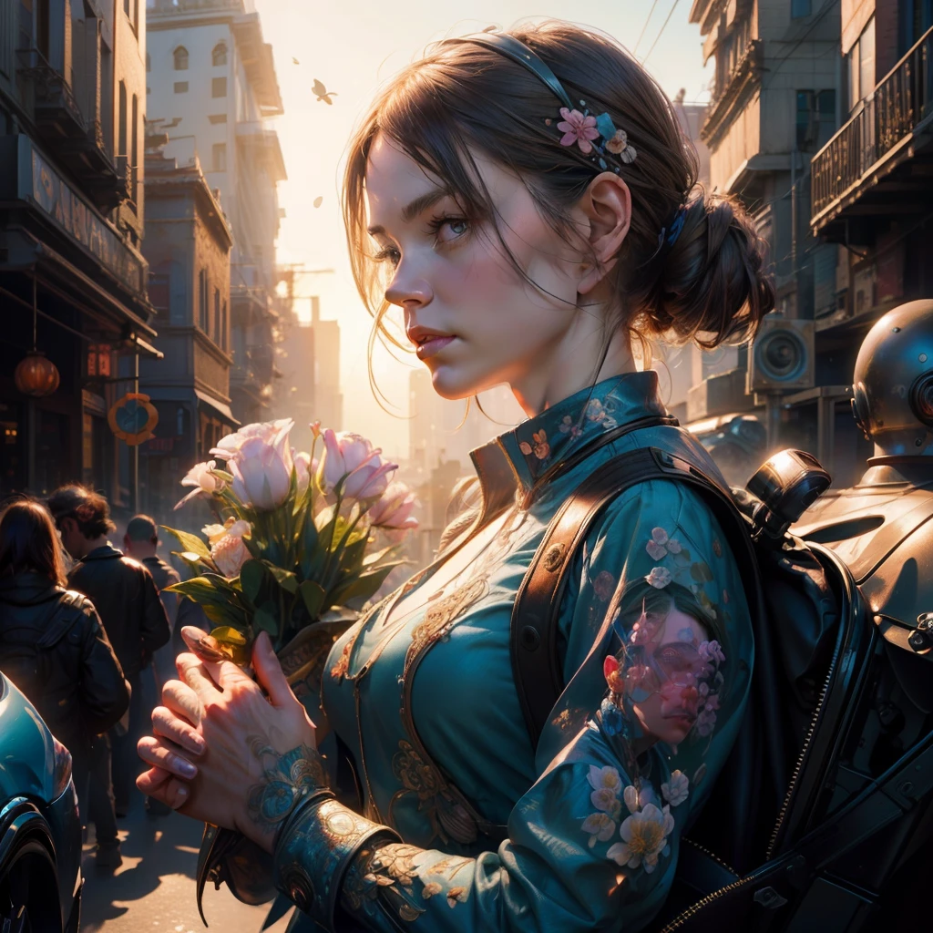 Very realistic photorealistic cute girl with flowers, James Jean and Android Jones: Jeff Koons: Erin Hanson: joe fenton: by Dan Mumford: Professional Photography, Natural lighting, volumetric lighting largest photo illustration 8K resolution concept art intricate details, with an intricate, Elegant, expansive, Fantastical
