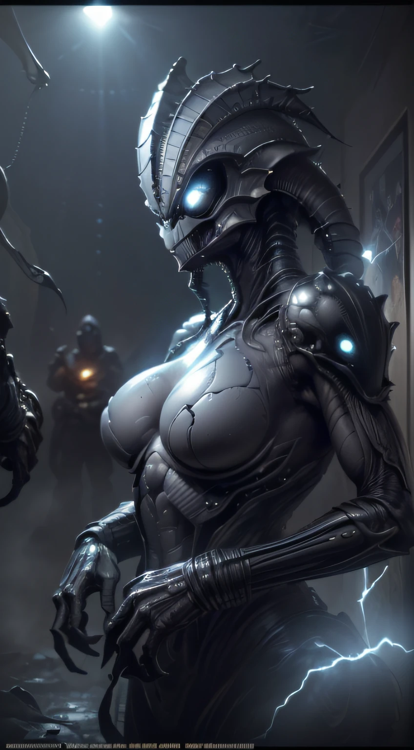 ((tmasterpiece)，((Best Picture Quality)，8k，high detal，super detailing，(alien spaceship)，Alien xenomorphs，An evil creature，Goat face，Fantchar，A translucent ethereal alien xenomorph，Has refined features in a sci-fi setting，Glow from the inside，Sparks and lights，rays of moonlight，themoon，closeup cleavage，realisticlying，highly  detailed，iintricate(disarray)，(combats)，(cinmatic lighting)，(super wide shot)，(High octane rating)，k hd，(Movie poster style)