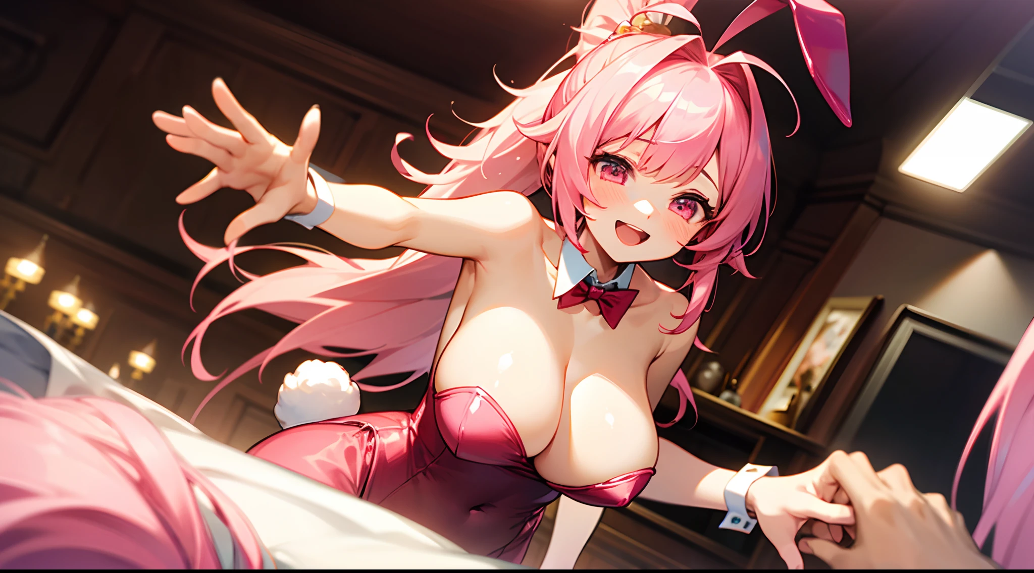 1 girl, game CG, playboy bunny, rabbit ear hair accessory, rabbit tail accessory, gigantic breasts, pink hair, long hair, ponytail, princess hairstyle, ahoge, pink eyes, smile, open mouth, hands shake, indoor, pov,