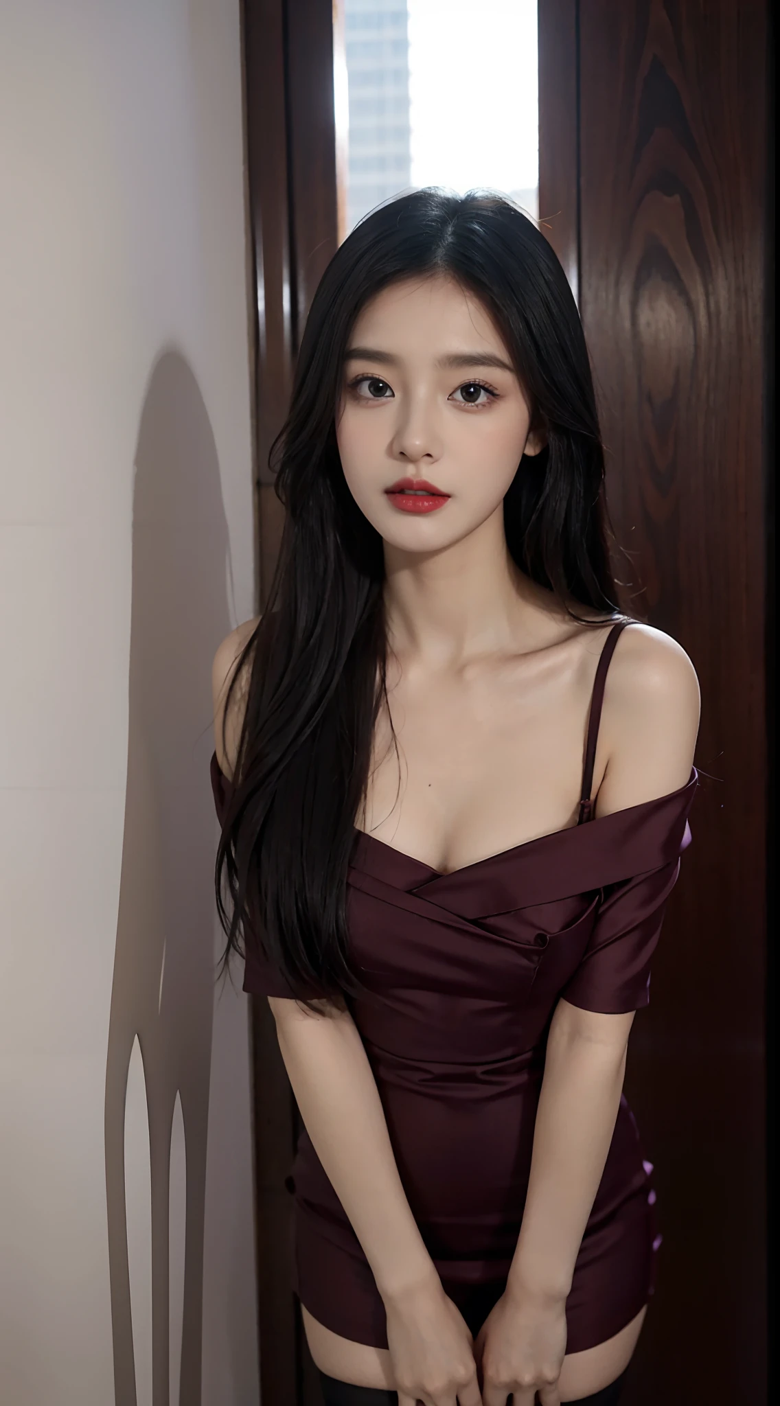A perfect young female white-collar worker,Chinese big breasts,High picture quality,Works of masters,Black hair,Long hair shawl,Long hair flowing over the shoulders,cropped shoulders,鎖骨,exquisite face,Hydrated red lips,Small pure suit purple dress pleated top shirt hot girl short fungal dress,Hosiery,black lence stockings,Real Human,Interior wall background,CG rendering,16k,Stand up,Empty interior,Do not show your hands,Close-up shot