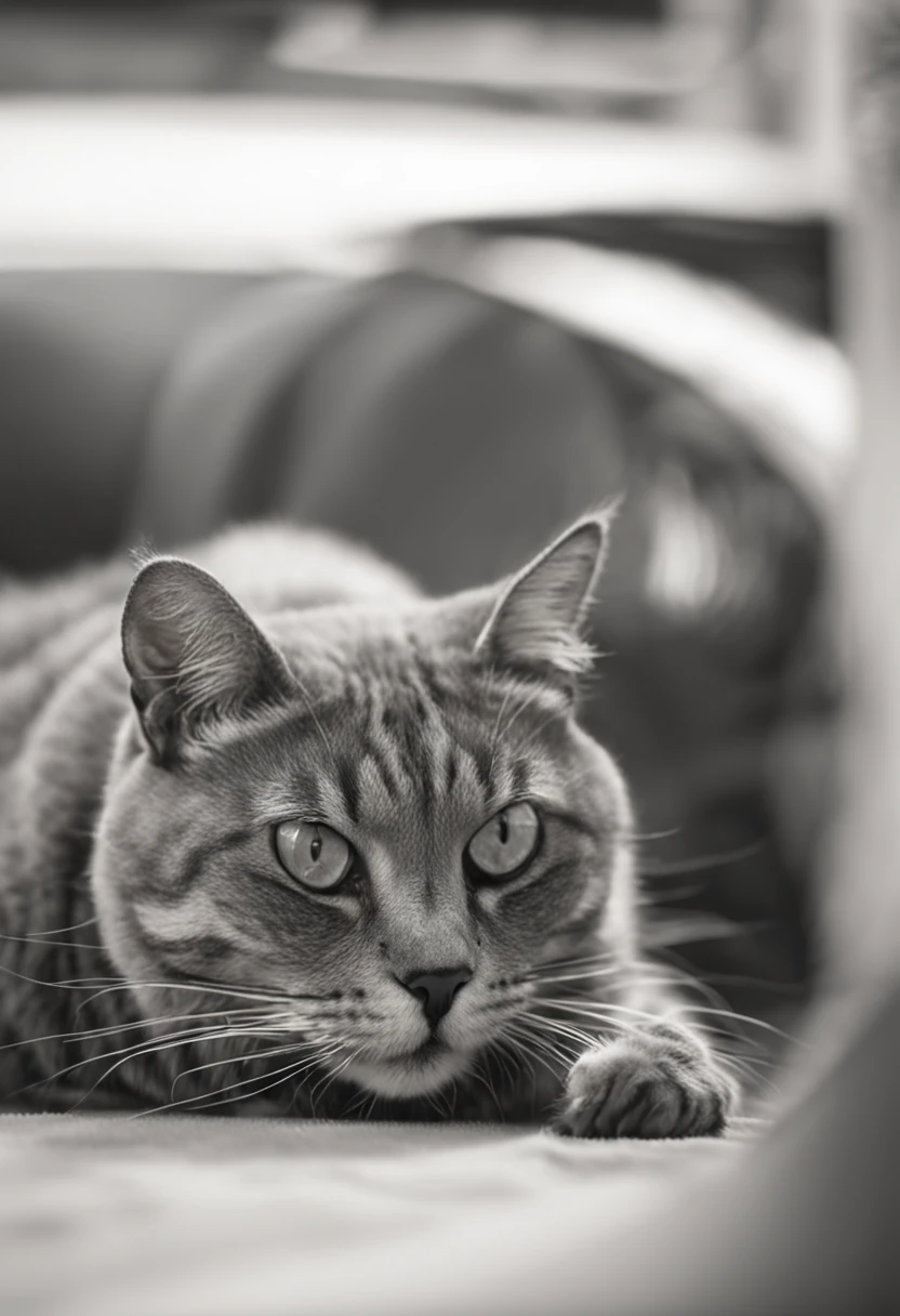 Generate an ultra-high-definition image by capturing a fat Tabby cat in a chic, classic cat pose. Use advanced macro photography techniques to highlight the intricate details of the cat's coat, bigote, y ojos expresivos. Place the camera at the cat's eye level, creating an intimate connection between the viewer and the feline subject. Implemente una apertura amplia para lograr una profundidad de campo reducida, Allow the cat to stand out sharply against a gently blurred background. Improve lighting to emphasize the textures and contours of the cat's body, Uso de Soft, Diffused lighting to remove hard shadows and create a soft, Ambiente acogedor. Capture the cat in a relaxed but balanced position, mostrando su flexibilidad y elegancia. Experimenta con la captura del momento durante el movimiento natural, como estiramientos o aseo, to convey a sense of authenticity. Implement post-processing techniques to refine image clarity, contraste, y balance de color, asegurando que cada aspecto, desde los intrincados patrones del gato hasta su intensa mirada, se renderiza con un detalle impresionante. Finalmente, transmitir la serena belleza y la gracia innata del gato, Capture a fleeting moment that celebrates the unique essence of feline curiosity and poise.