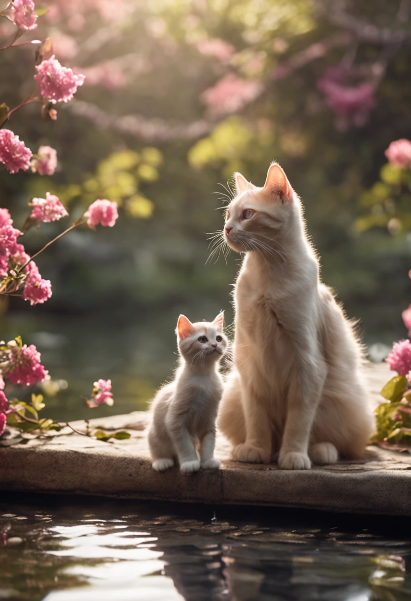 Princess Petting kitten Elegant literary art Fresh natural breath Bright soft light set off Garden Lake water