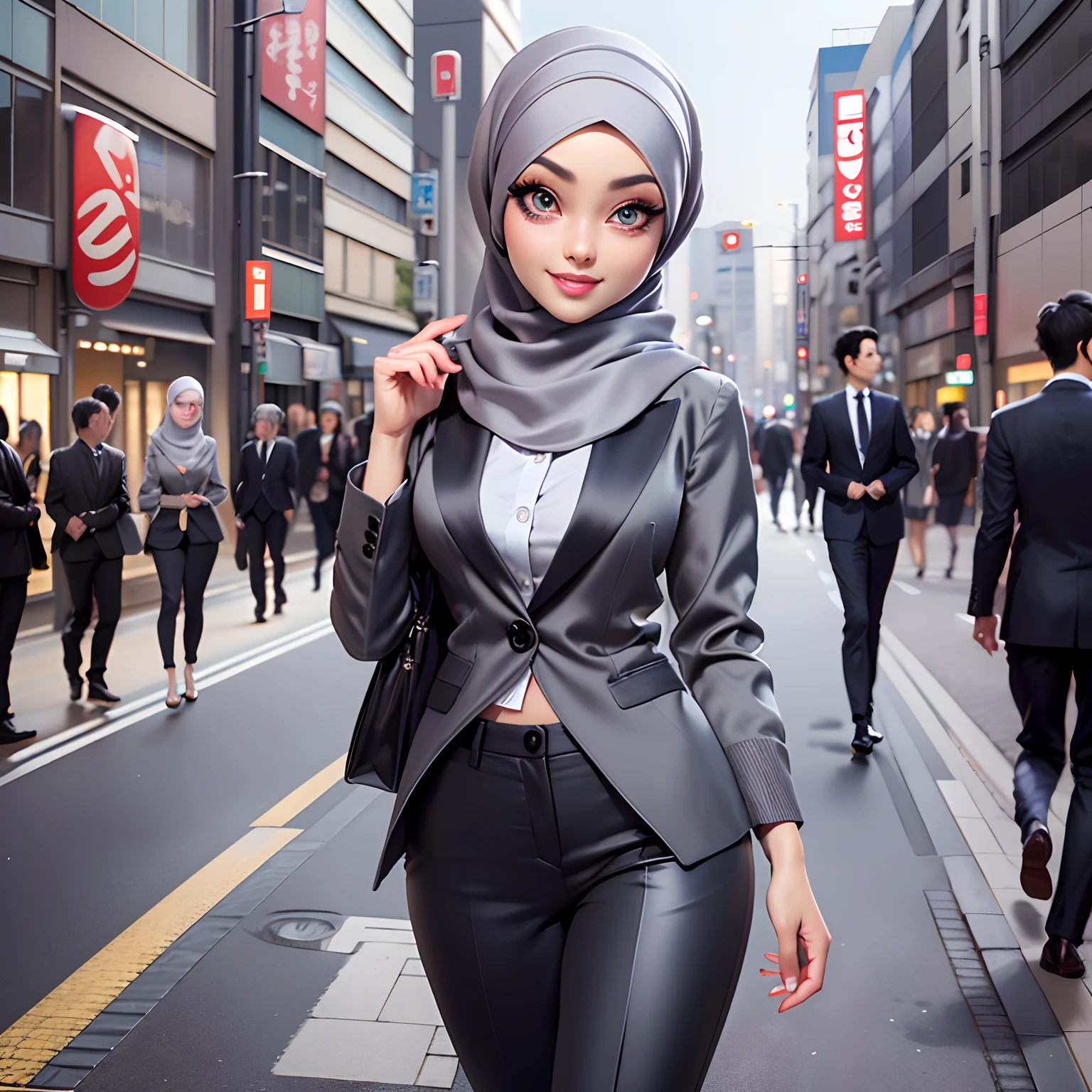Masterpiece, Best Quality, 3D Rip Artwork, 3DMM Style, Portrait, Realism, a woman beautifully makeup, eyeshadow, Parted Lips, Detailed Eyes, beautiful big eyes, long eye lashes, smile wearing (black satin headscarf), loosely tide hijab style, ((gray satin Office Suits)), long pants, long cardigan, walking on tokyo shibuya street