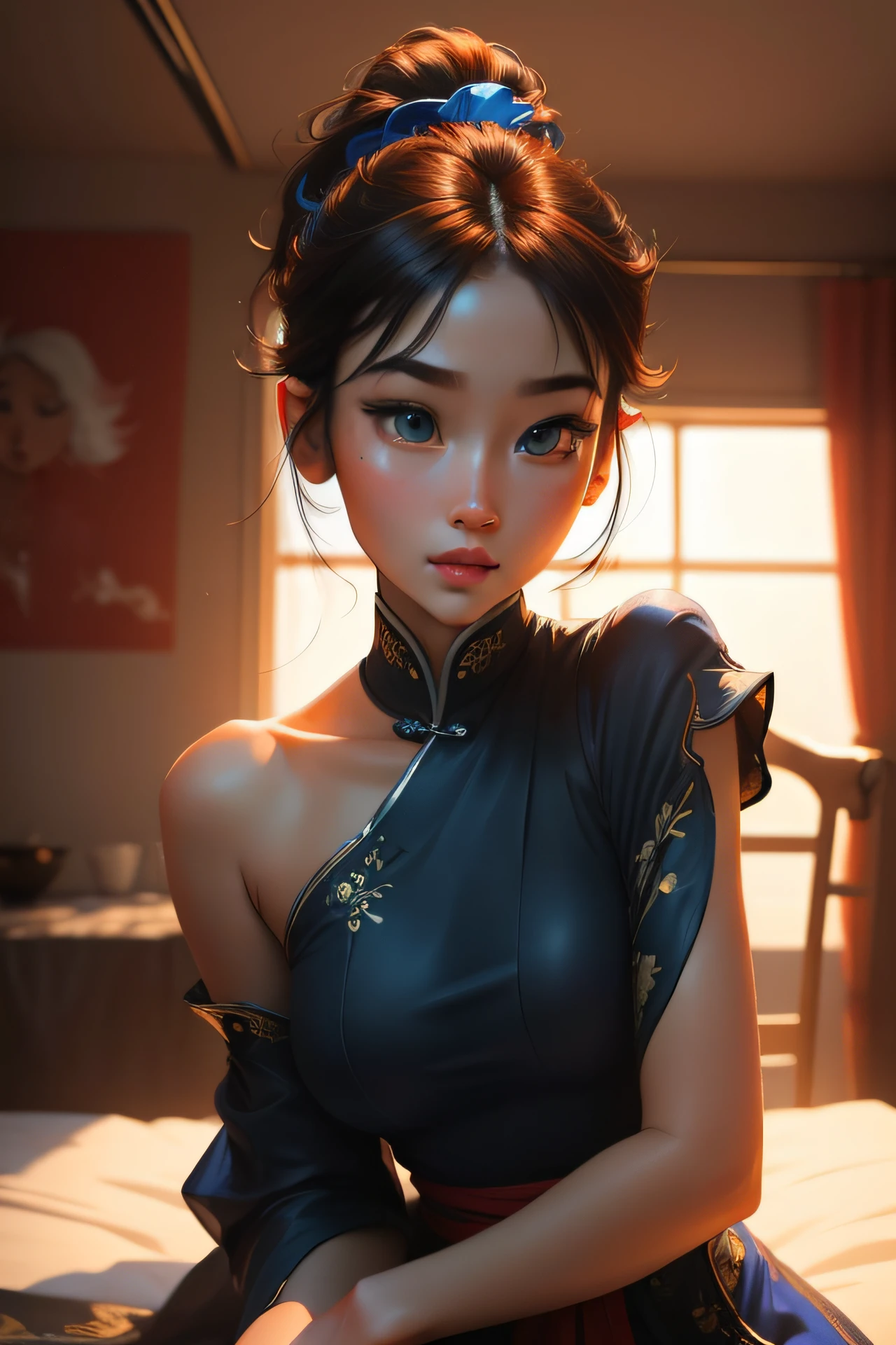 (((Masterpiece))), 1girl, super detailed, hyper-realistic face, (coquettish expression), Chinese blue clothes, ((super cute face)), ((angelic face)), ((incredibly beautiful eyes)), (luminous eyes), (full body), (multicolored hair), (high ponytail), (delicate and perfect hands), (perfect anatomy), super delicate and sexy body, sexy pose, ((ulzzang)), (super thin face), delicate features, ultra detailed, best quality, cinematic lighting, captivating beauty,  sexy look