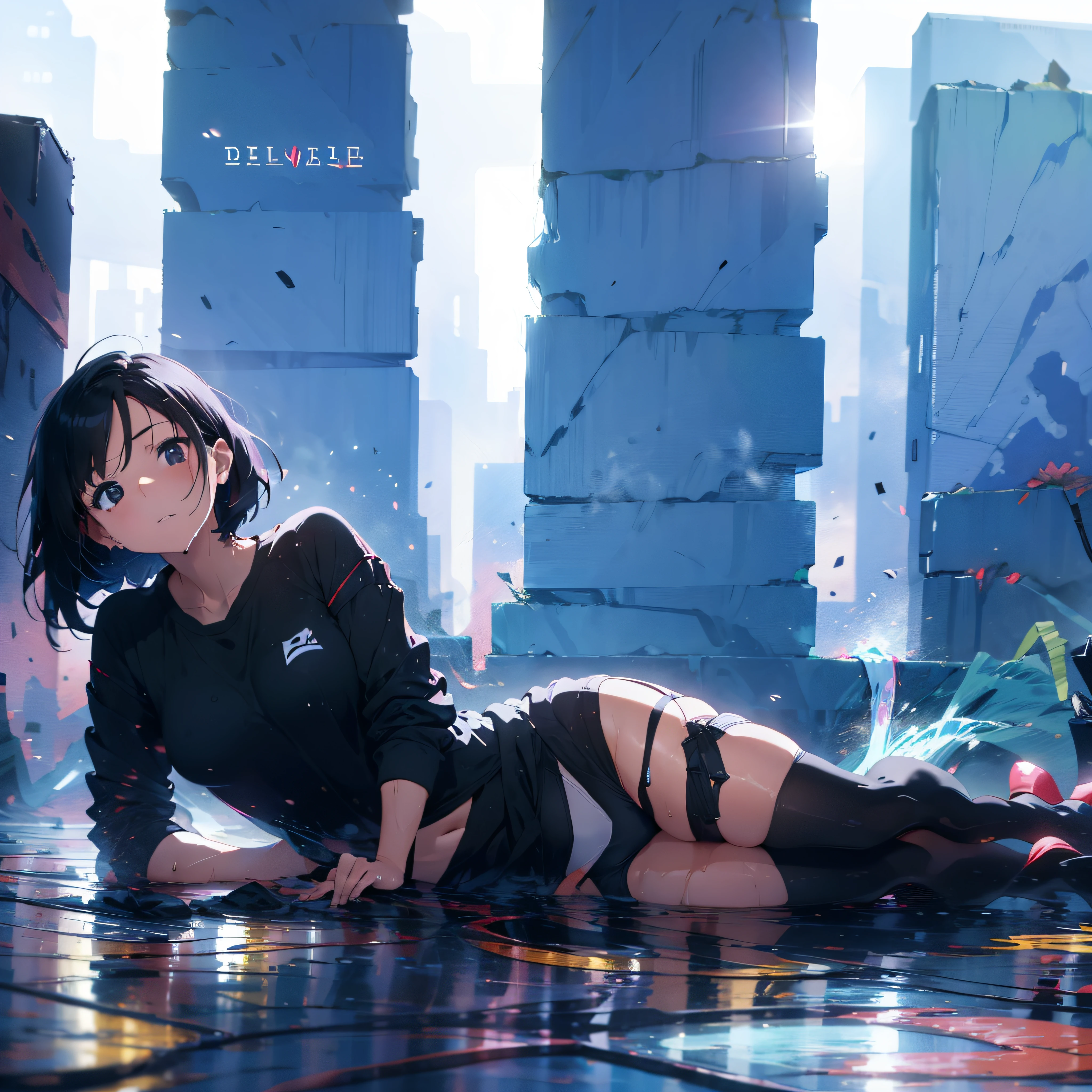 Woman dressed in white shirt, thoughtful look with very short black hair, light ray, beauty, hot, black panties, sexy, wet, lying in the tower city, city skapes, amazing light.