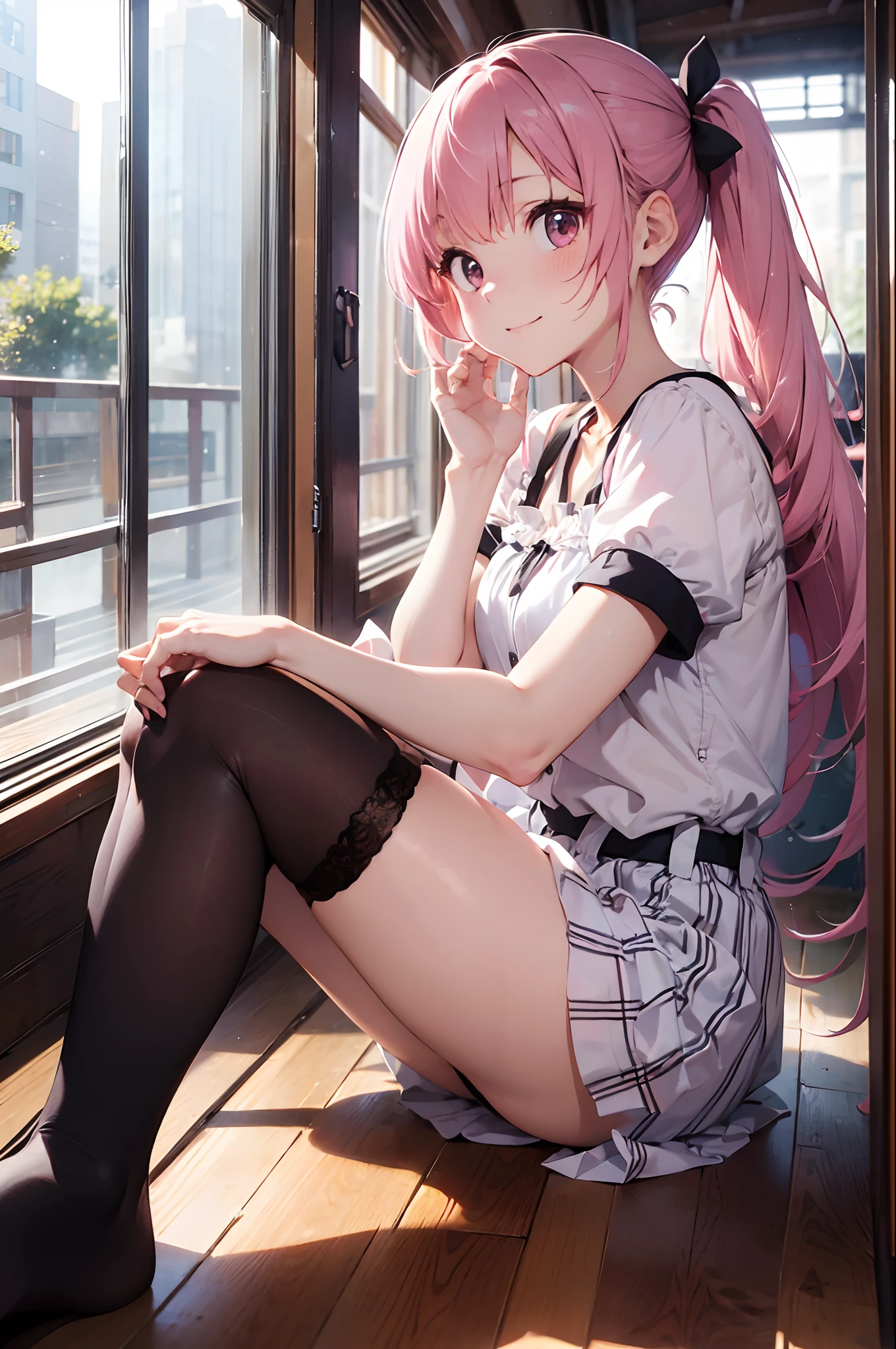 top-quality、masutepiece、in 8K、Pastel tones、girl with、A pink-haired、(Low Long Twin Tail)、Very long hair、(full body Esbian:1.2)、posterior view、is standing、Short sleeve blouse and panties、ssmile、livingroom
