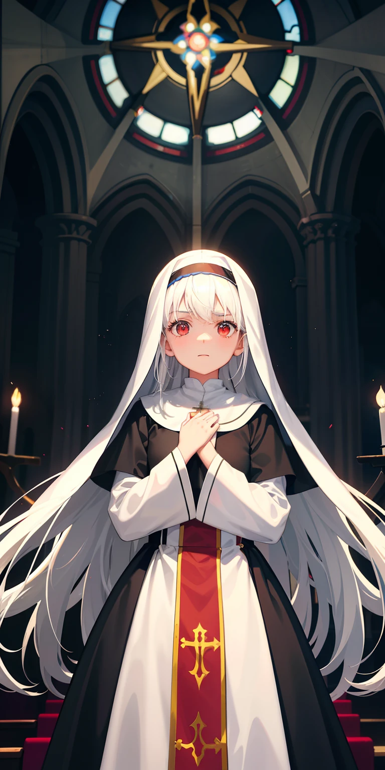 1girl, with light glowing, sidelighting, Kizi，youngest daughter，Nun costume，White hair and red eyes，Internal background of church，Colored cathedral glass，Super cute，A worried expression，The church is bright，high-definition，Put your hands on your chest，standing position