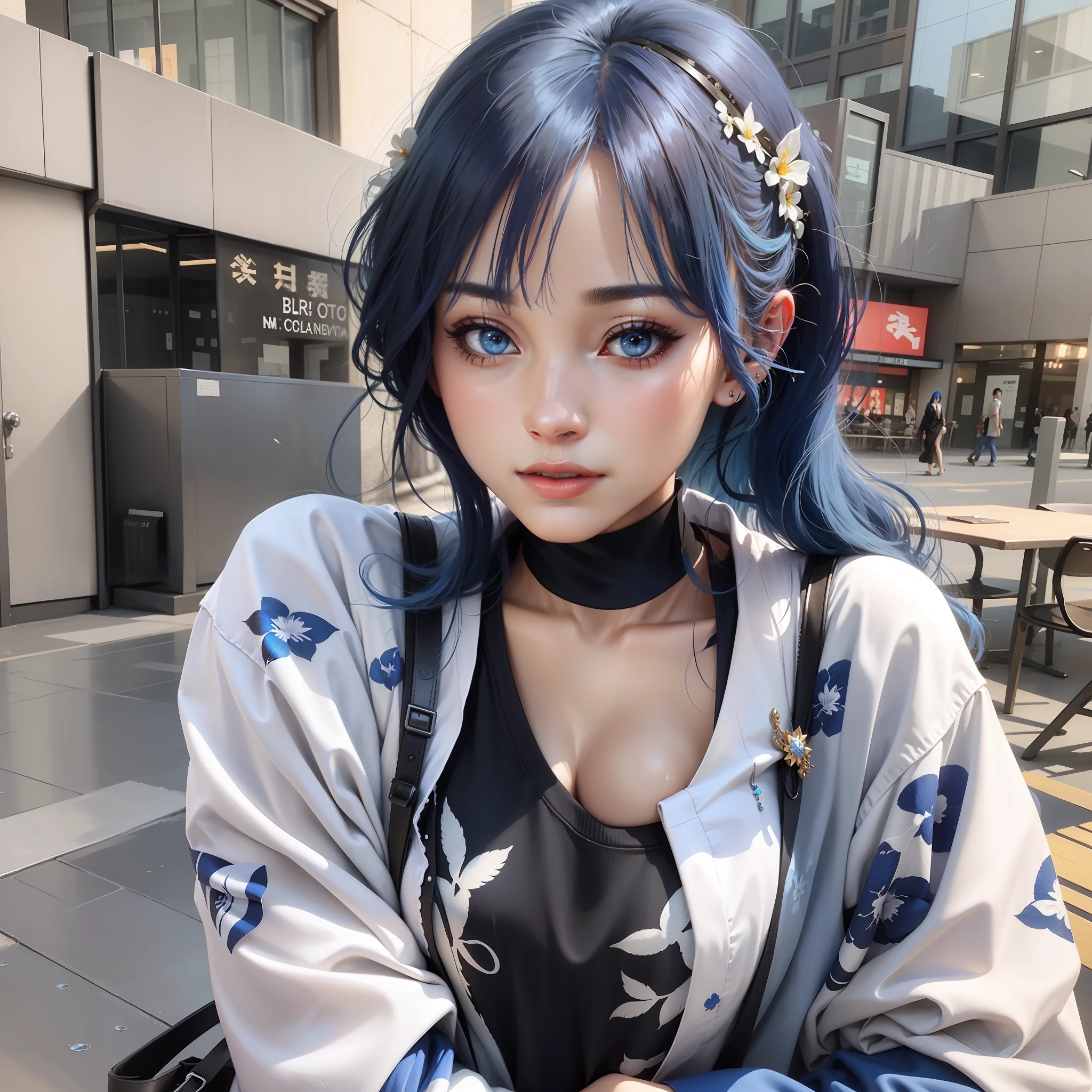 beautiful woman, blue hair, detailed, realistic