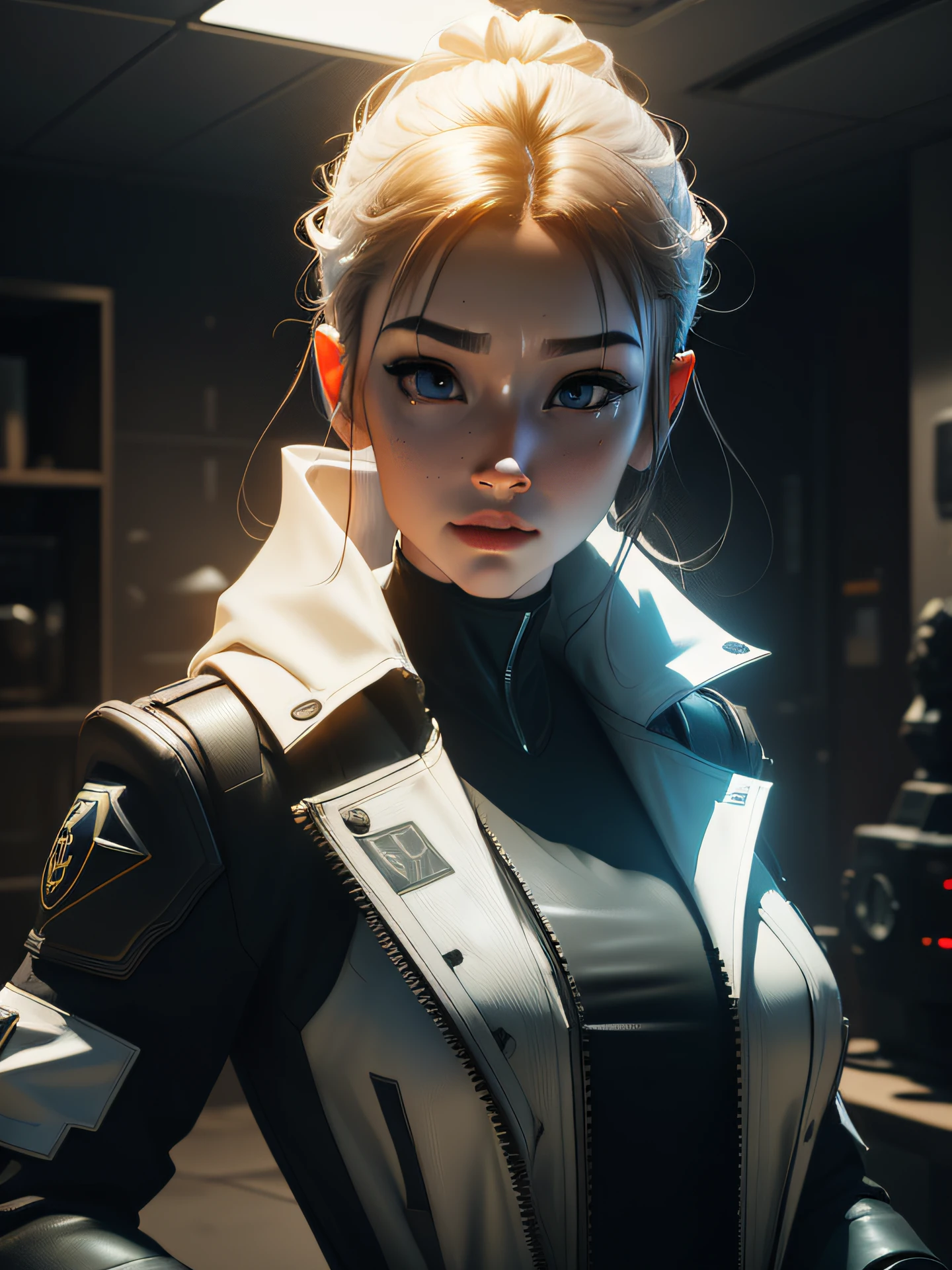 ((Best quality)), ((masterpiece)), (detailed:1.4), 3D, an image of a beautiful cyberpunk female,HDR (High Dynamic Range),Ray Tracing,NVIDIA RTX,Super-Resolution,Unreal 5,Subsurface scattering,PBR Texturing,Post-processing,Anisotropic Filtering,Depth-of-field,Maximum clarity and sharpness,Multi-layered textures,Albedo and Specular maps,Surface shading,Accurate simulation of light-material interaction,Perfect proportions,Octane Render,Two-tone lighting,Wide aperture,Low ISO,White balance,Rule of thirds,8K RAW,