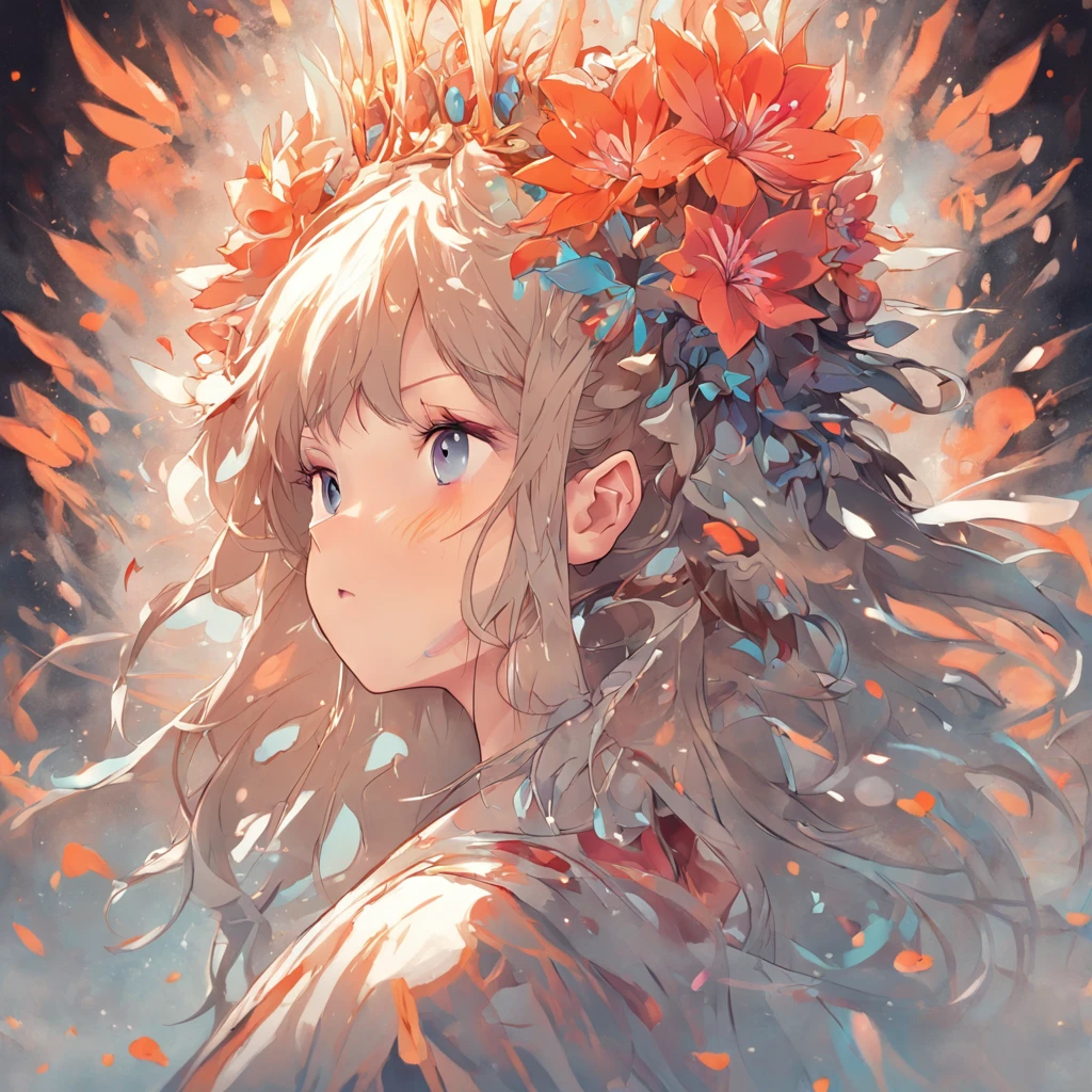 drawing an artistic digital image of a girl that has flowers in the crown, in the style of frank cho, elina karimova, mono-ha, strong facial expression, soft lines and shapes, high resolution, fashwave --ar 6:11 --s 750 --niji 5