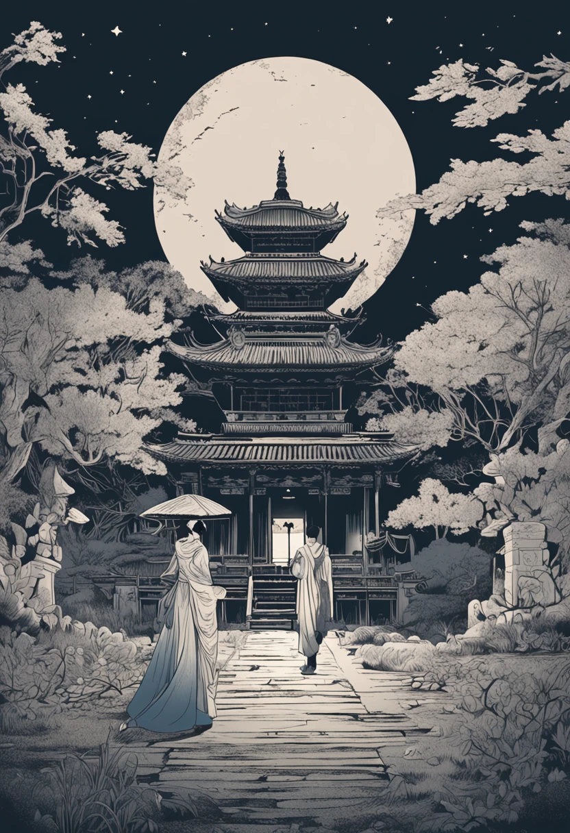 In the center of the picture is a young man and woman,They snuggled up to each other in a moonlit garden。The silhouette of the temple is particularly clear in the moonlight,It adds a sense of mystery and history to the whole picture。In the background,The outlines of some houses and trees can also be seen,These elements, together with the moonlight, create a quiet and romantic atmosphere。This hue creates a tranquility、Fresh atmosphere,The beauty and mystery of moonshine is emphasized。ao mesmo tempo,The shadows are also layered,Such as shadows on the bodies and clothes of the hero and heroine,These elements enhance the three-dimensionality and depth of the picture。