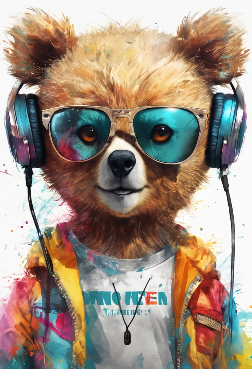 Perfect centering, Cute  bear, Wear a student team jacket, Wearing sunglasses, Wearing headphones, cheerfulness, Standing position, Abstract beauty, Centered, Looking at the camera, Facing the camera, Approaching perfection, Dynamic, Highly detailed,  Smooth, Sharp Focus, 8K, hight resolution, Illustration, art by carne griffiths and wadim kashin, White background