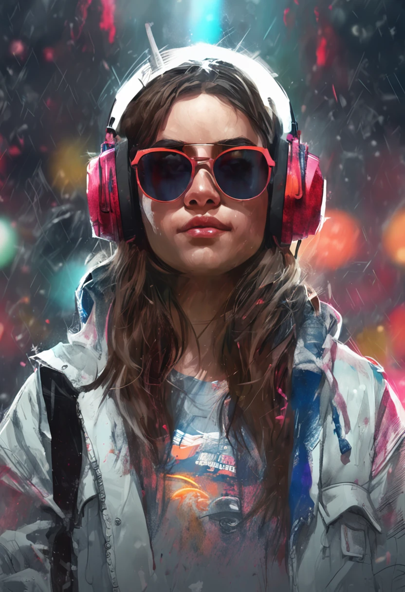 Perfect centering, Cute little bear, Wear a student team jacket, Wearing sunglasses, Wearing headphones, cheerfulness, Standing position, Abstract beauty, Centered, Looking at the camera, Facing the camera, Approaching perfection, Dynamic, Highly detailed, Smooth, Sharp Focus, 8K, hight resolution, Illustration, art by carne griffiths and wadim kashin, White background