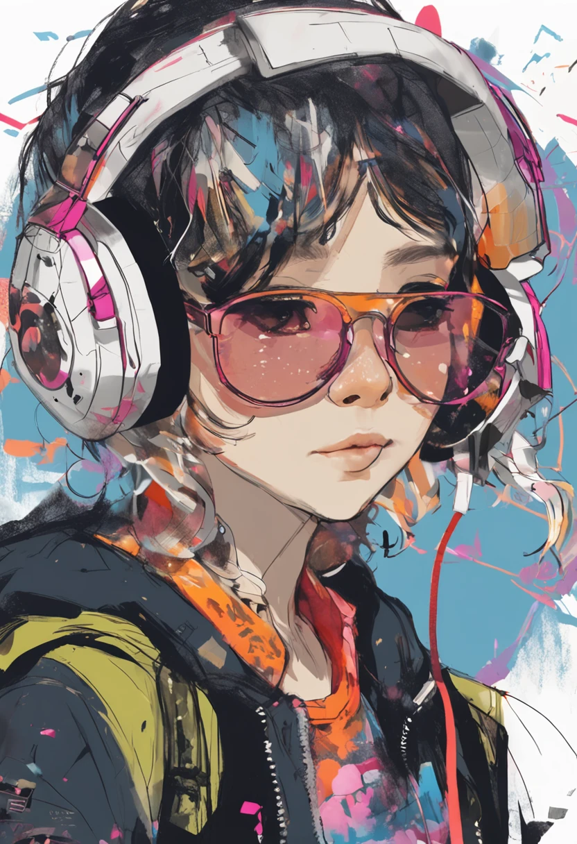 Perfect centering, Cute little bear, Wear a student team jacket, Wearing sunglasses, Wearing headphones, cheerfulness, Standing position, Abstract beauty, Centered, Looking at the camera, Facing the camera, Approaching perfection, Dynamic, Highly detailed, Smooth, Sharp Focus, 8K, hight resolution, Illustration, art by carne griffiths and wadim kashin, White background