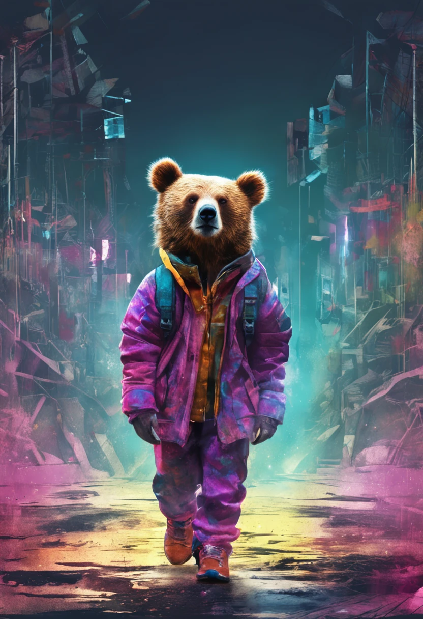 Perfect centering, Cute bear, Wear a student team jacket, Wearing sunglasses, Wearing headphones, cheerfulness, Standing position, Abstract beauty, Centered, Looking at the camera, Facing the camera, Approaching perfection, Dynamic, Highly detailed, Smooth, Sharp Focus, 8K, hight resolution, Illustration, art by carne griffiths and wadim kashin, White background