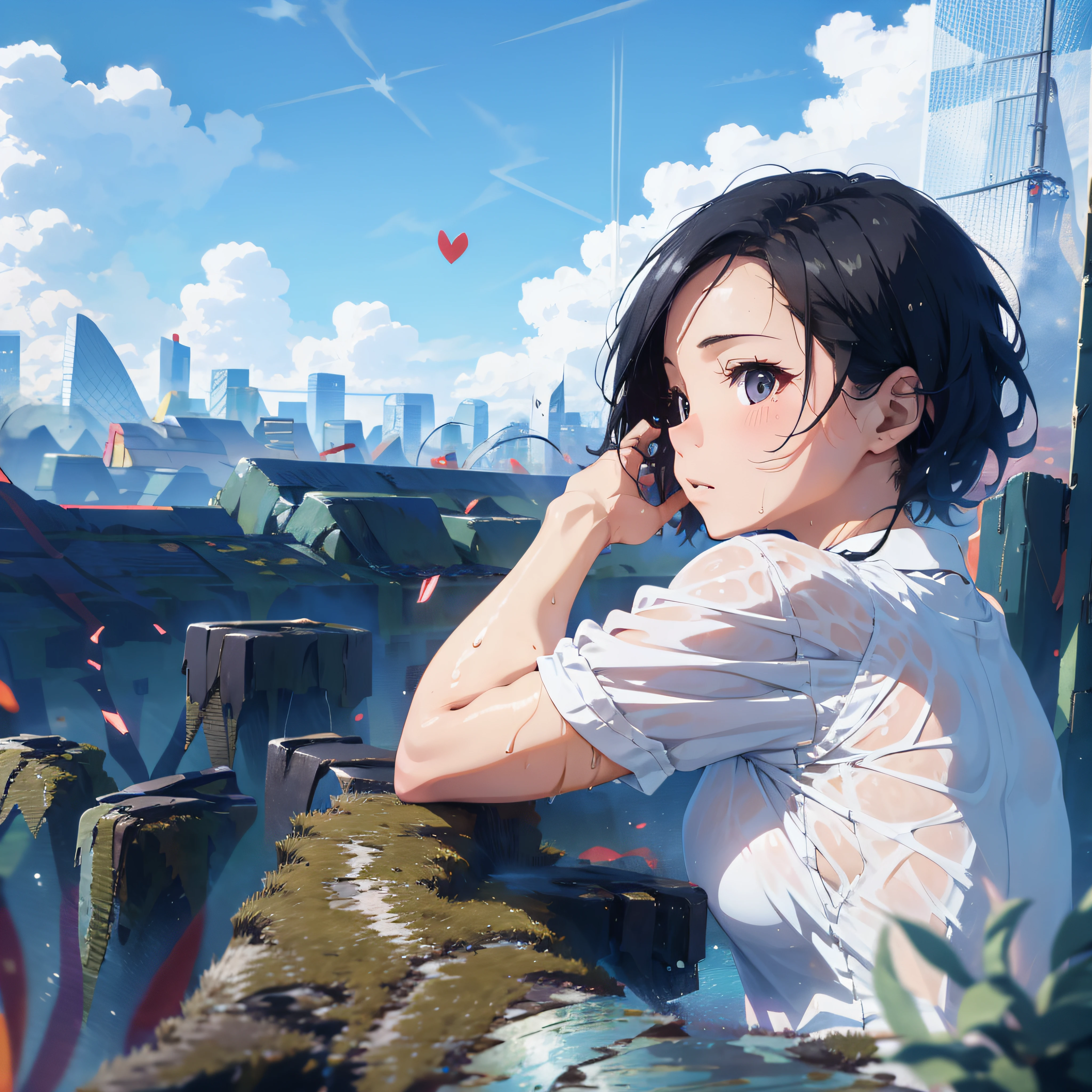 Woman dressed in white shirt, thoughtful look with very short black hair, light ray, beauty, hot fucked, panties, sexy, wet, lying in the tower city, amazing light, straddle, blue sky, city skapes, futures.