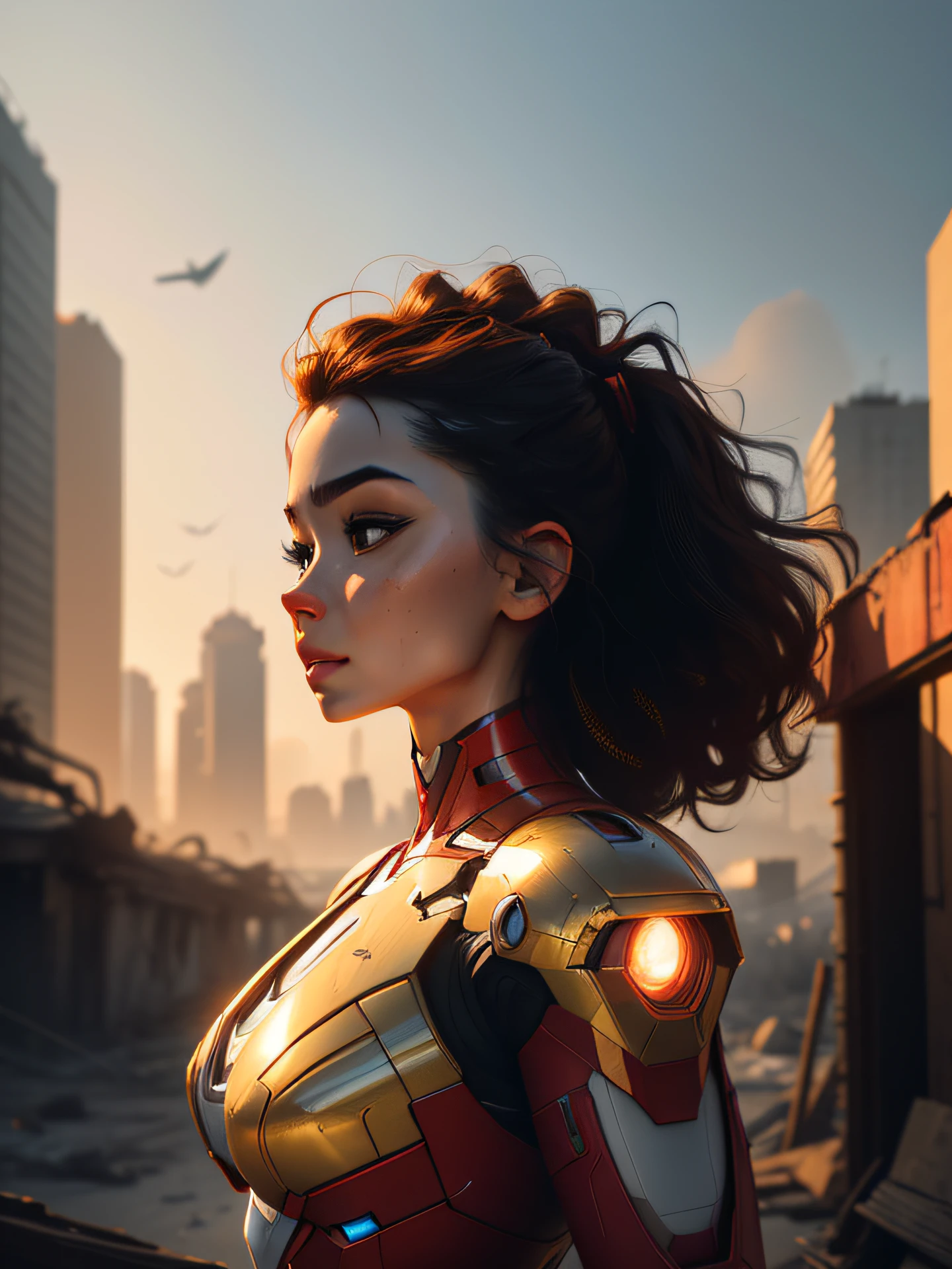RAW, Masterpiece, Ultra Fine Photo,, Best Quality, Ultra High Resolution, Photorealistic, Sunlight, Full Body Portrait, Stunningly Beautiful,, Dynamic Poses, Delicate Face, Vibrant Eyes, (Side View) , she is wearing a futuristic Iron Man mech, red and gold color scheme, highly detailed abandoned warehouse background, detailed face, detailed and complex busy background, messy, gorgeous, milky white, high detailed skin, realistic skin details, visible pores , sharp focus, volumetric fog, 8k uhd, dslr camera, high quality, film grain, fair skin, photorealism, lomography, sprawling metropolis in futuristic dystopia, view from below, translucent