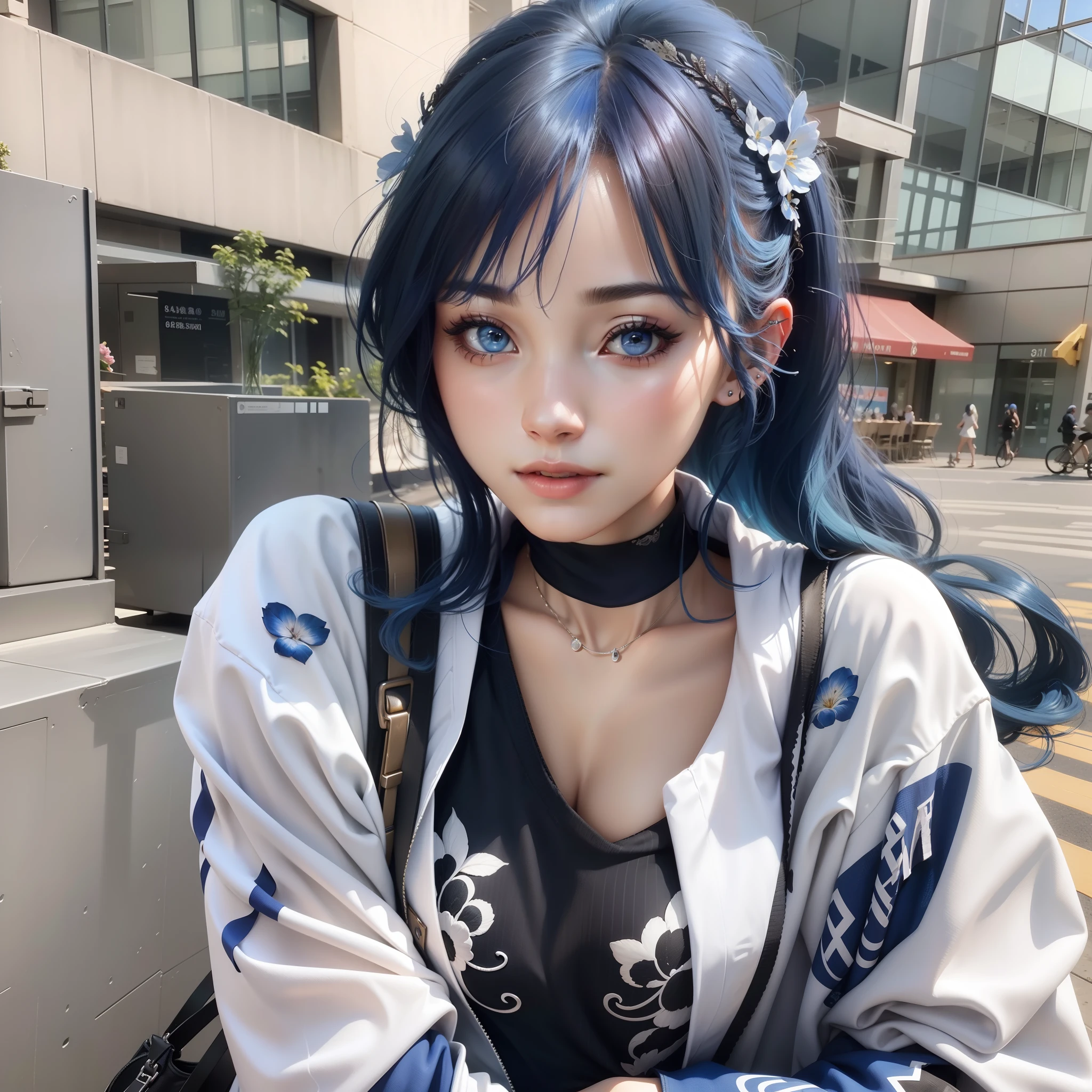 beautiful woman, blue hair, detailed, realistic