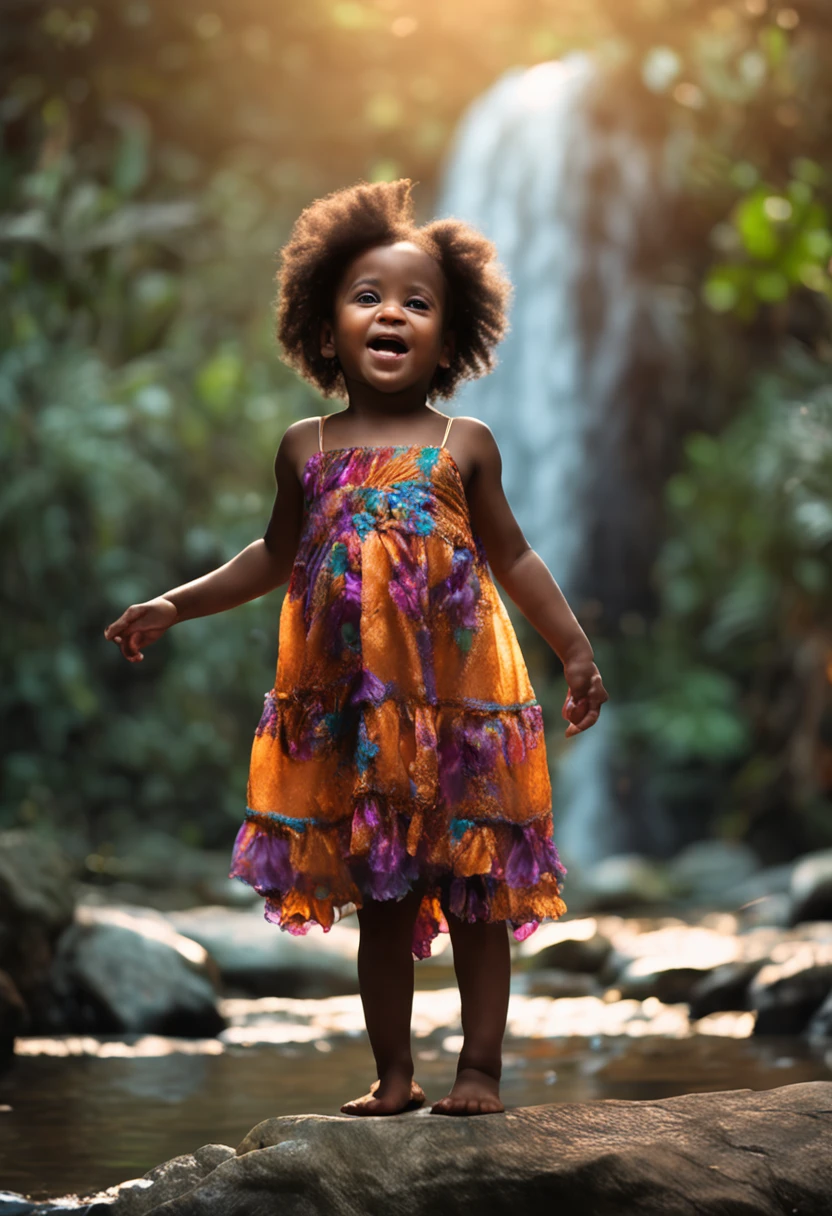 Beautiful African American girl, Dazzling, On an island with a beautiful waterfall, Flowers, Birds,