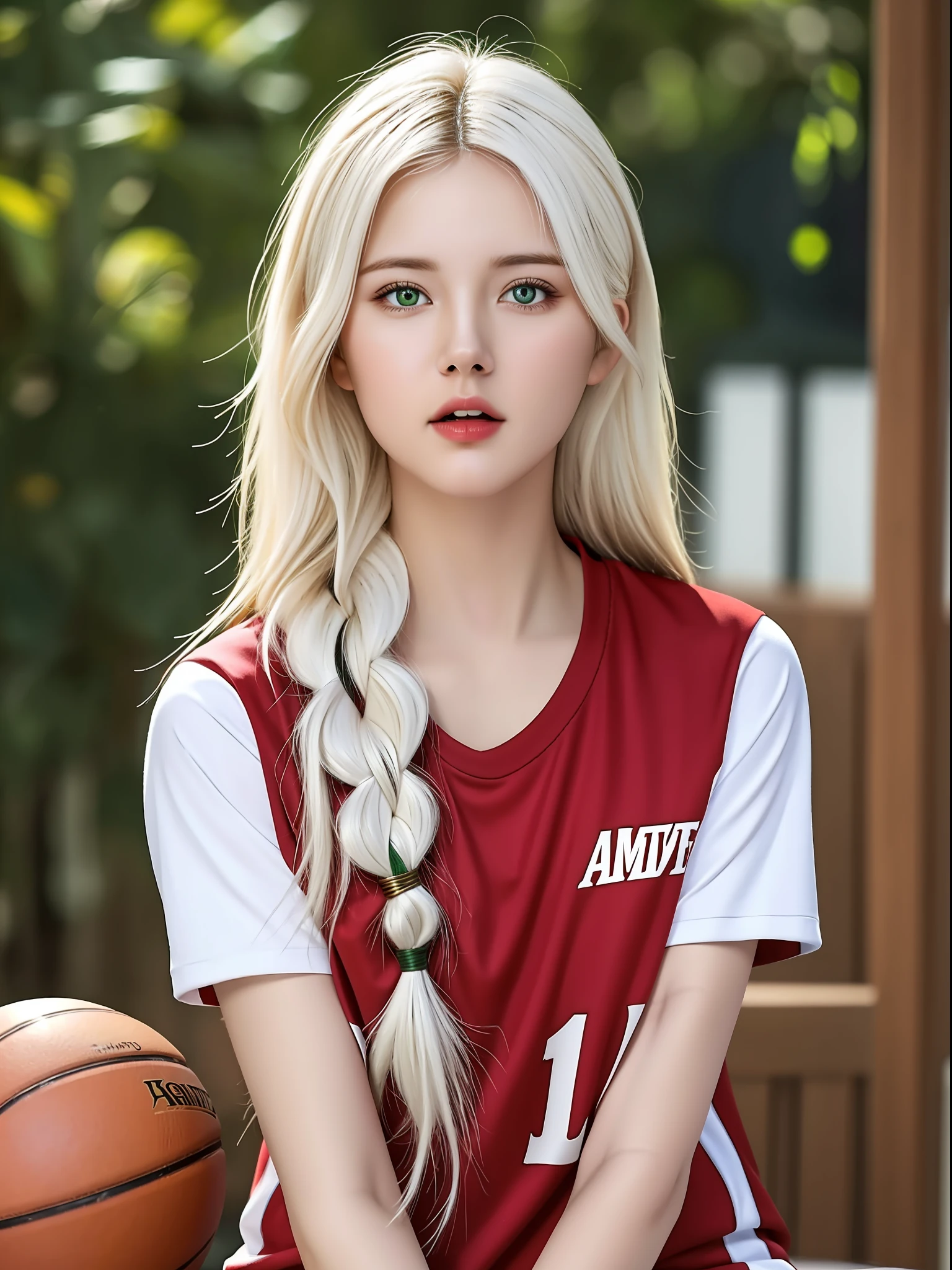 (hyperrealistic), (illustration), (high resolution), (8K), (extremely detailed), (best illustration), (beautiful detailed eyes), (best quality), (ultra-detailed), (masterpiece), (wallpaper), (photorealistic), (natural light), (rim lighting), (detailed face), high detailed realistic skin texture, anatomically correct, solo, 1 girl, (high detailed realistic long hair), (white hair:1.35), (two braided hair), heterochromic eyes, (detailed green eyes), small moles under the eyes, (realistic big breasts:1.2), exposed breasts, long legs, tight abs, dynamic pose, (closed mouth:1.35), (sexy basketball suit:1.2), (upon body from head to thighs:1.3),