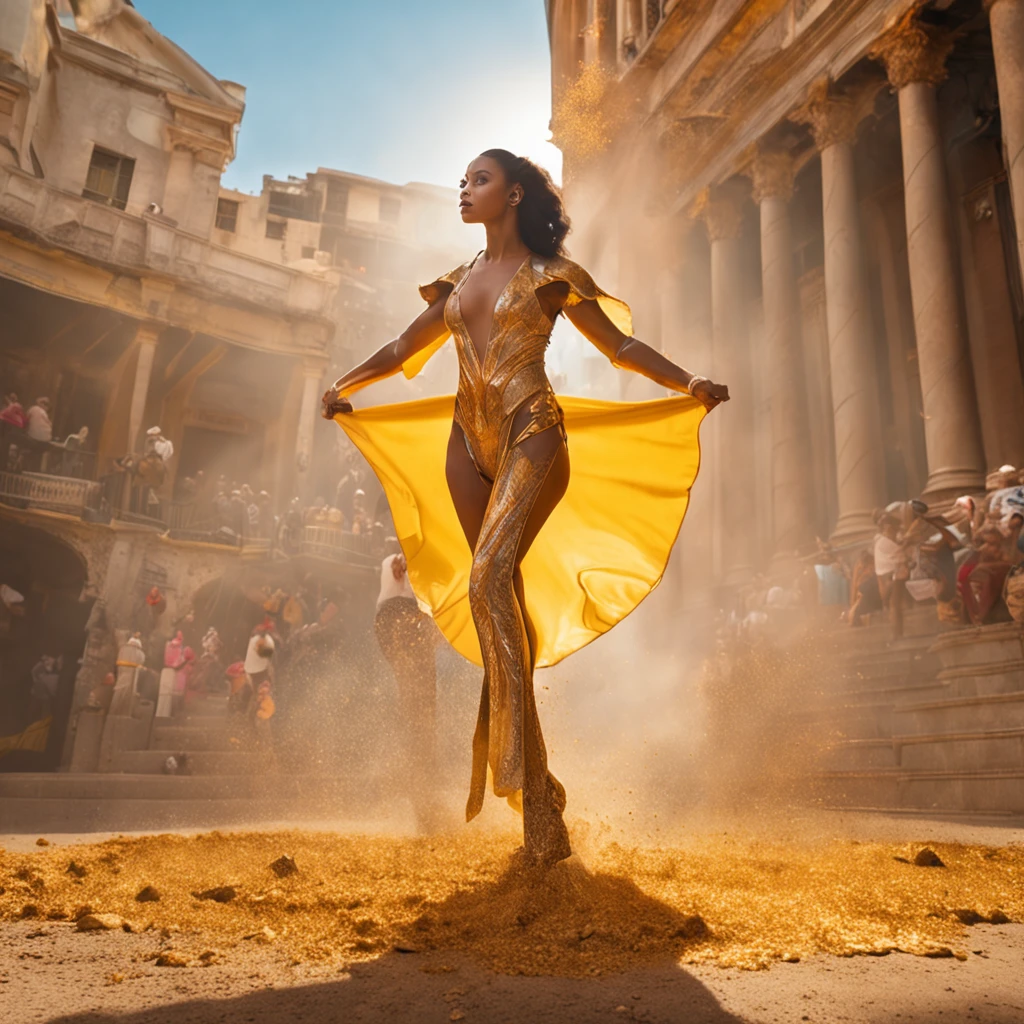 Fine arts oil painting, side angle, accent lighting, from below, hyperdetailed, hyper realistic, epic action full body portrait of stuning beautiful woman as matador in tight tights, wincore, stripcore, In the style of corrida, dynamic, intense and raw emotion, rich, cinematic color grading, stunning, photorealistic, 8k, shot on Canon EOS-1D X Mark III, photorealistic painting, by Mark Keathley, Shutterstock contest winner, iPhone,e video, photo taken of an epic intricate, Thom Wasserman, he photograph is taken using a Fujifilm GFX 100S medium format mirrorless camera, paired with the GF 32-64mm f/4 R LM WR lens set at a focal length of 45mm, capturing the captivating scene with exceptional detail and clarity. The camera settings are carefully chosen to emphasize the soft morning light and the subject: an aperture of f/5.6, ISO 200, and a shutter speed of 1/125 sec, the warm morning sun casts delicate shadows and dappled light, adding depth and enchantment to the scene. This composition celebrates the harmony between nature and the vibrant splendor of a peaceful, idyllic setting sun, dew, gold, powder yellow powder pastel background, cinematic 35mm in the style of James jean and Jean-Honore Fragonard