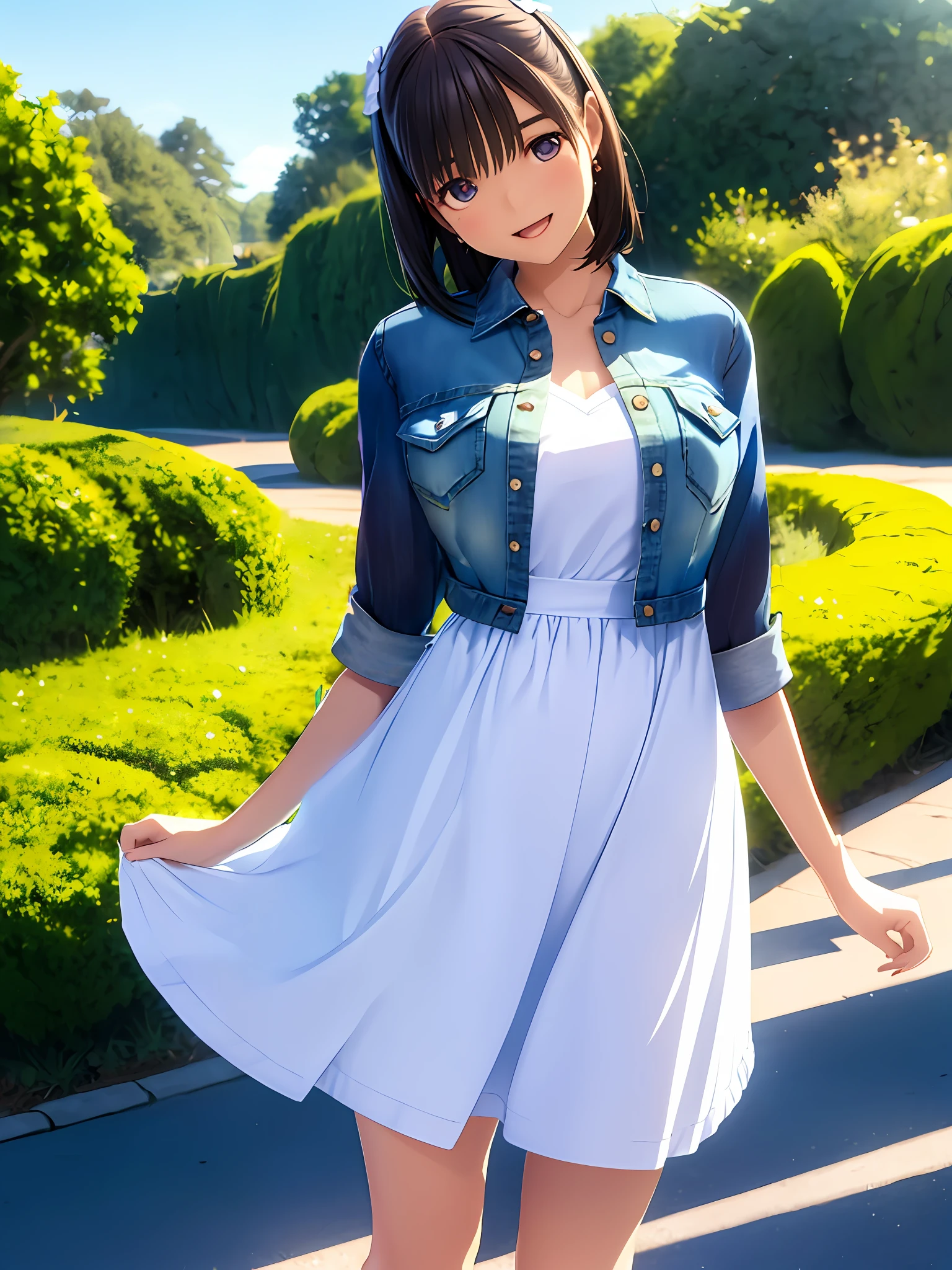 hight resolution,8K,Best Quality,detaileds,semi - realistic anime,Anime 3D Style,Smooth Anime CG,1 girl in,20 year old woman in Japan,slim,modeled,shiny chestnut hair,medium hair,Detailed face,Beautiful and detailed eyes,Glowing skin,randome pose,((White dress)),((Denim short-sleeved shirt with front opening)),Smile with open mouth,Summer steppe,Clear blue sky,Background blur,The wind is blowing,