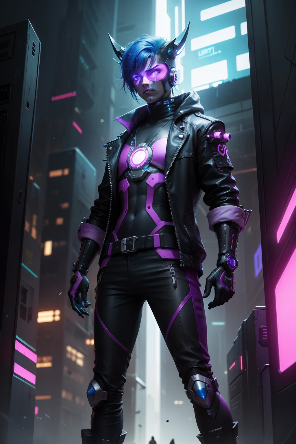 Draw a charismatic male protagonist dressed in a stylish cyberpunk outfit, avec des tatouages tribaux futuristes et des branchies bioluminescentes. This being is a "CyberKoi", mi-humain mi-machine, ready to protect the night megalopolis from dark forces."